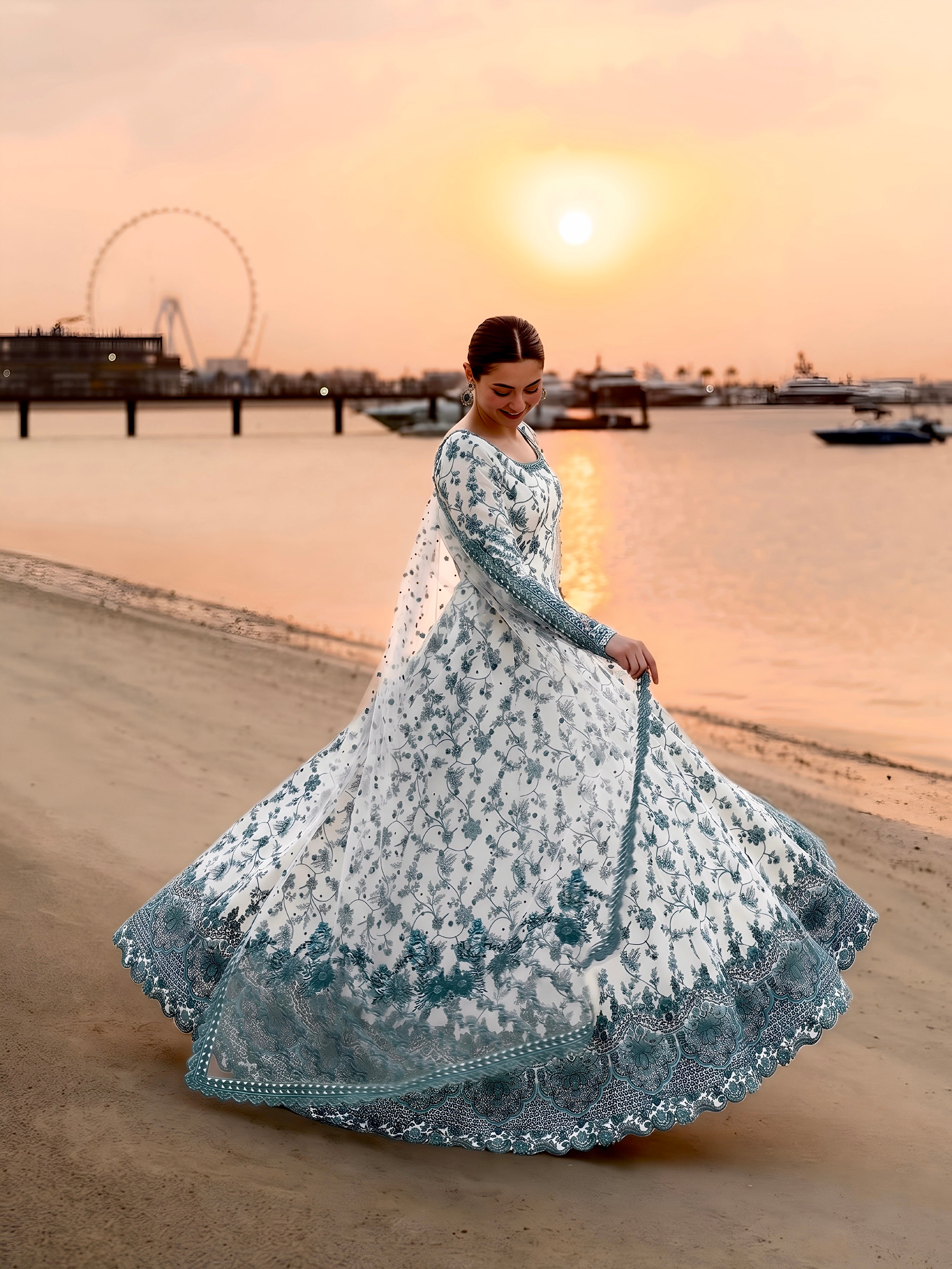 White & Teal Blue Heavy Embroidered Faux Georgette Anarkali Gown Set with Organza Dupatta