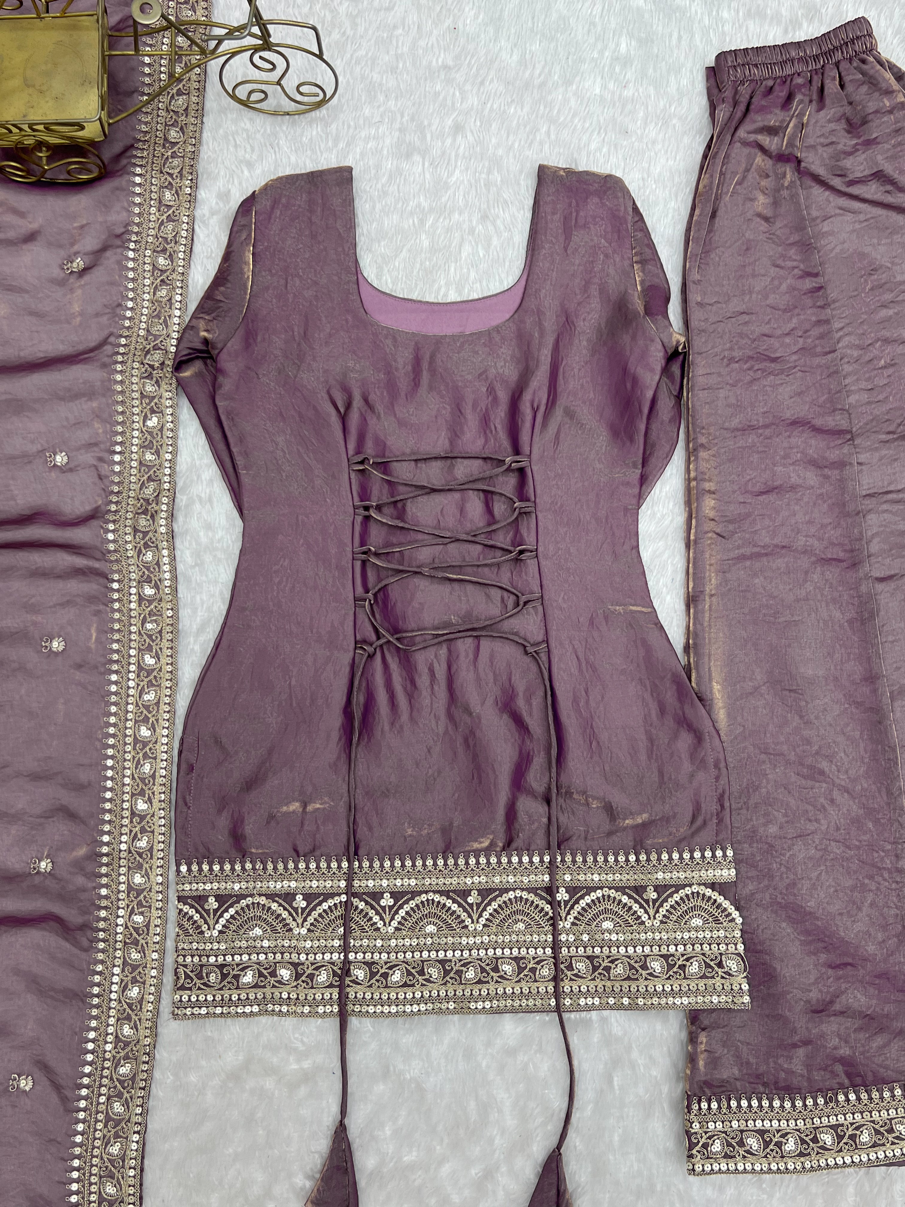 Dusty Lavender Frendy Silk Kurta Palazzo Set with Embroidered Dupatta