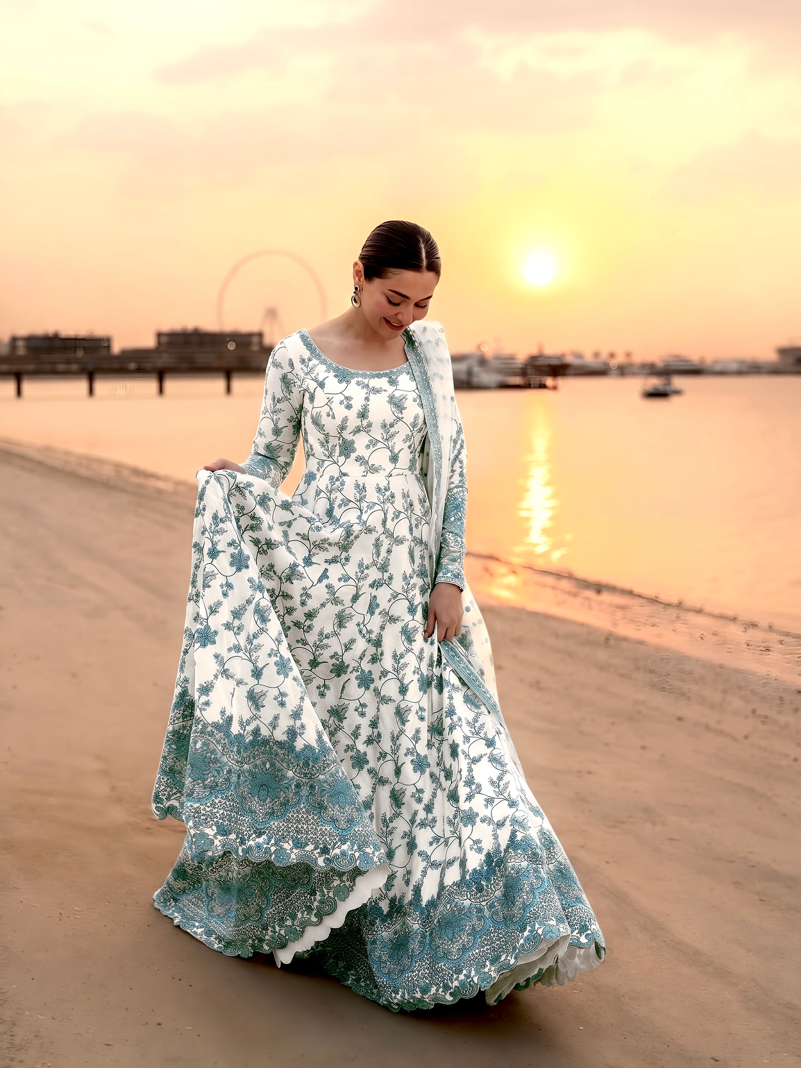 White & Teal Blue Heavy Embroidered Faux Georgette Anarkali Gown Set with Organza Dupatta