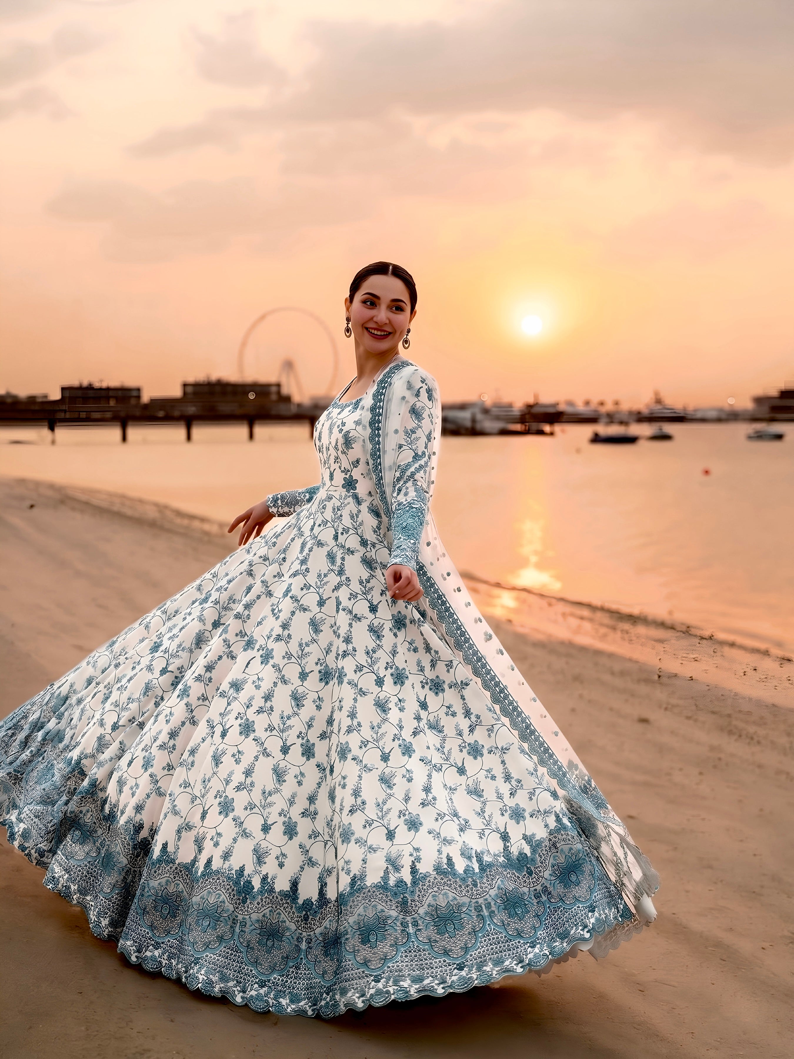 White & Teal Blue Heavy Embroidered Faux Georgette Anarkali Gown Set with Organza Dupatta