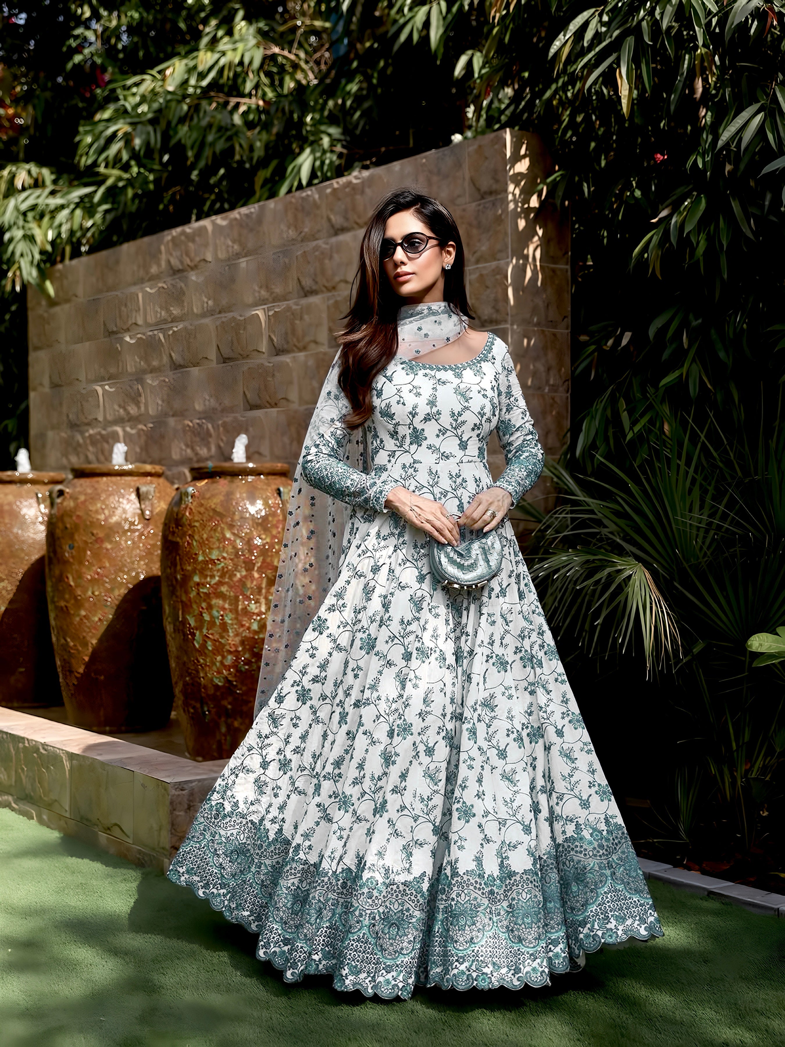 White & Teal Blue Heavy Embroidered Faux Georgette Anarkali Gown Set with Organza Dupatta