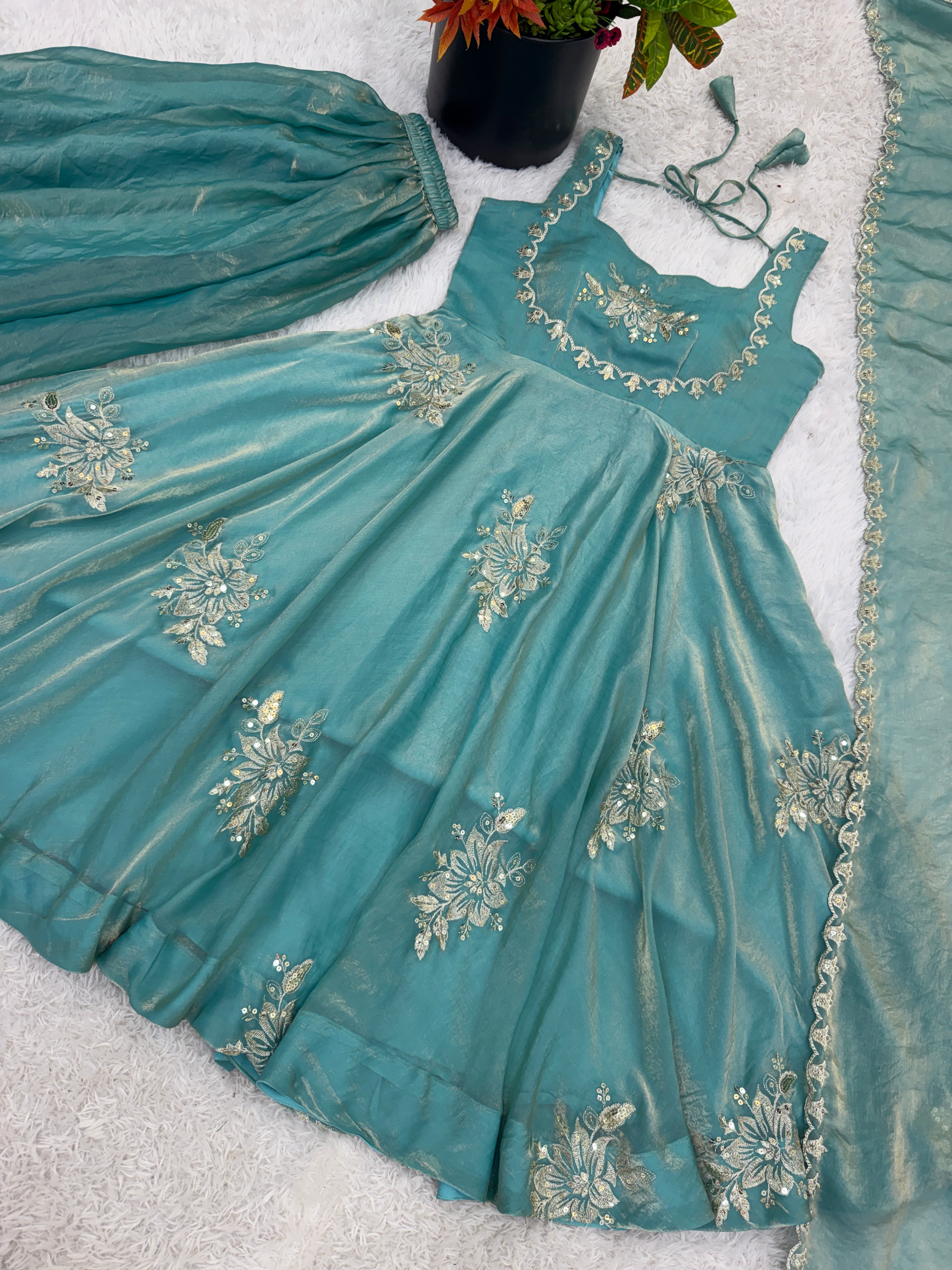 Buy Sky Color Luxury Gown Sharara Set Online USA | Ready to Wear Indian Outfit