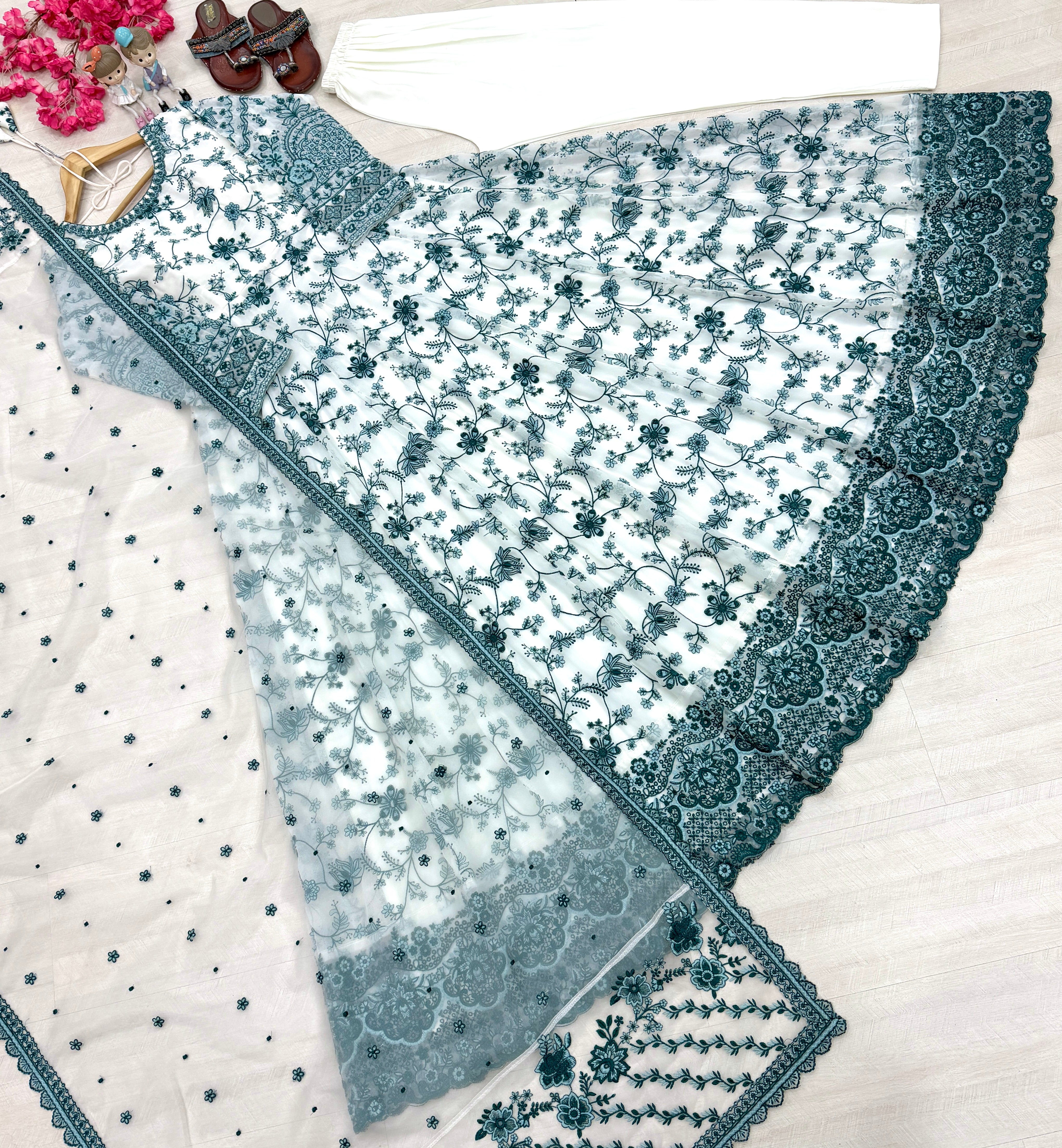White & Teal Blue Heavy Embroidered Faux Georgette Anarkali Gown Set with Organza Dupatta