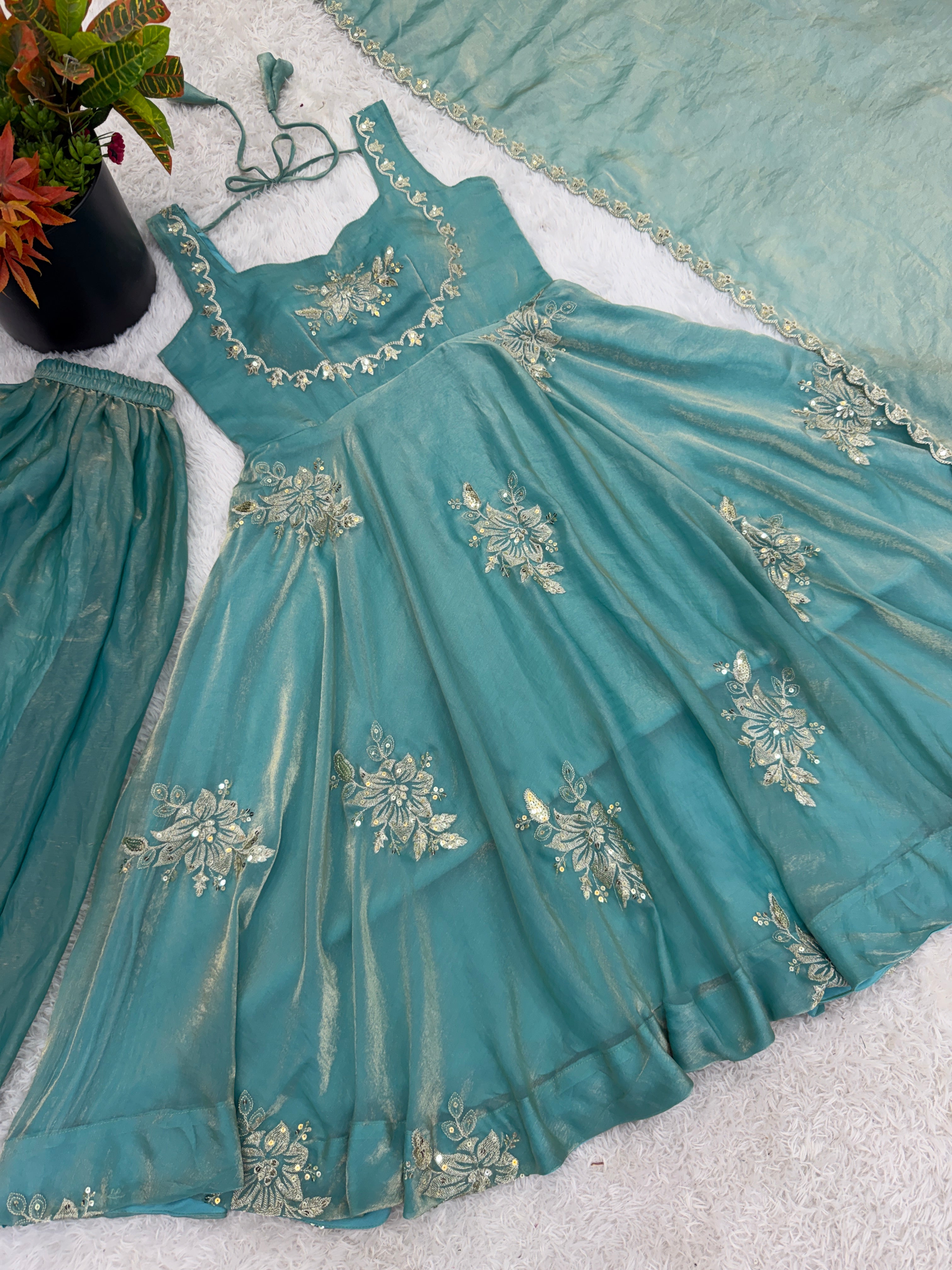Buy Sky Color Luxury Gown Sharara Set Online USA | Ready to Wear Indian Outfit