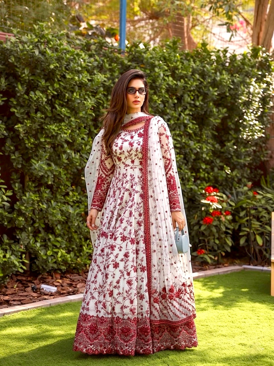 White & Wine Red Heavy Embroidered Faux Georgette Anarkali Gown Set with Organza Dupatta