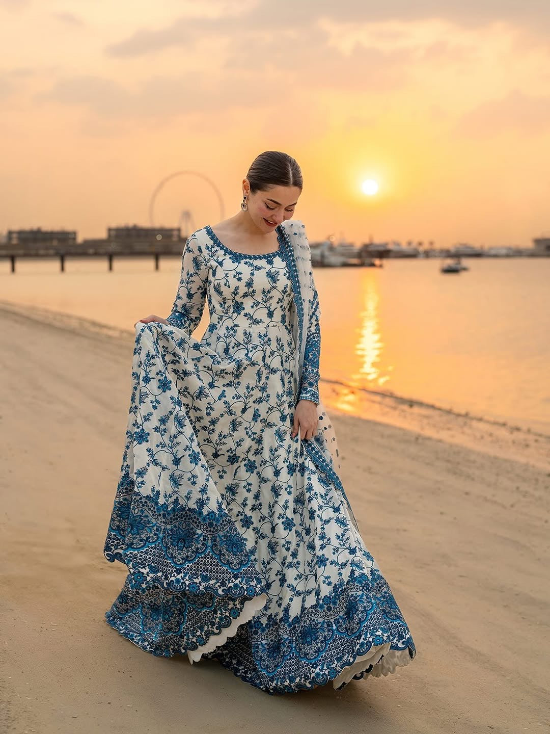 White & Royal Blue Heavy Embroidered Faux Georgette Anarkali Suit Set with Organza Dupatta