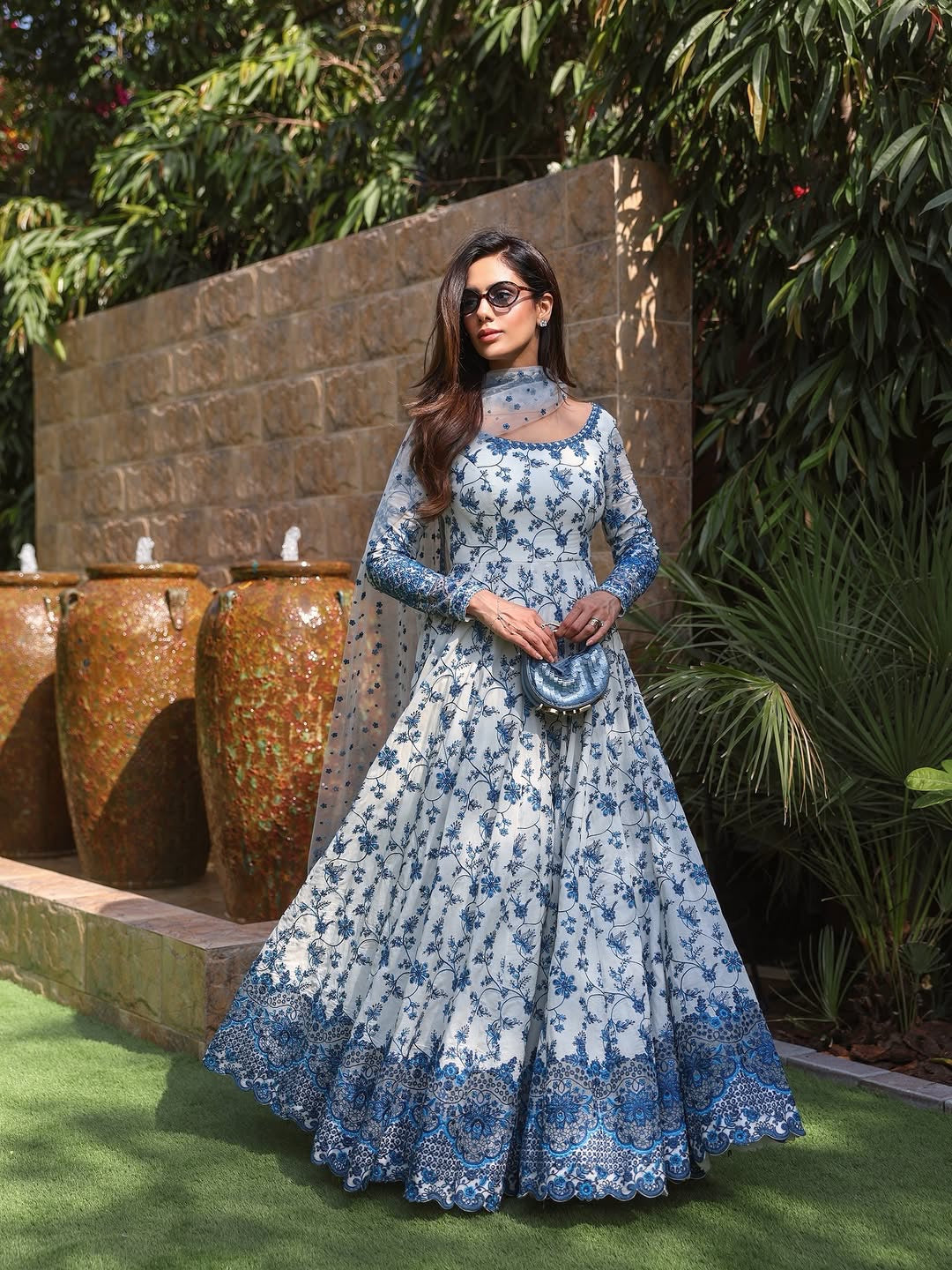 White & Royal Blue Heavy Embroidered Faux Georgette Anarkali Suit Set with Organza Dupatta
