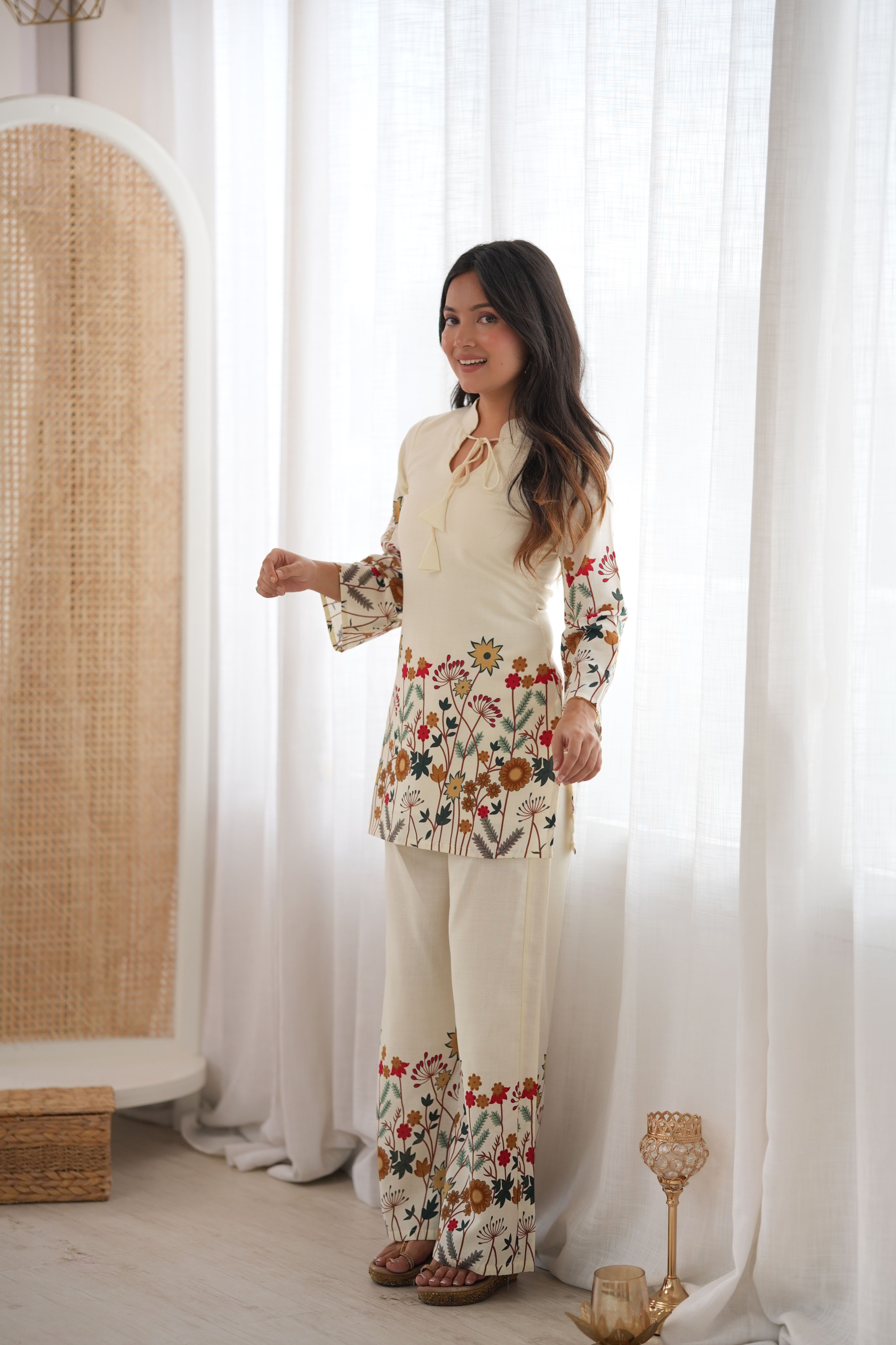 Cream Floral Printed Magic Slub Cotton Co-ord Set | Rakhi Special