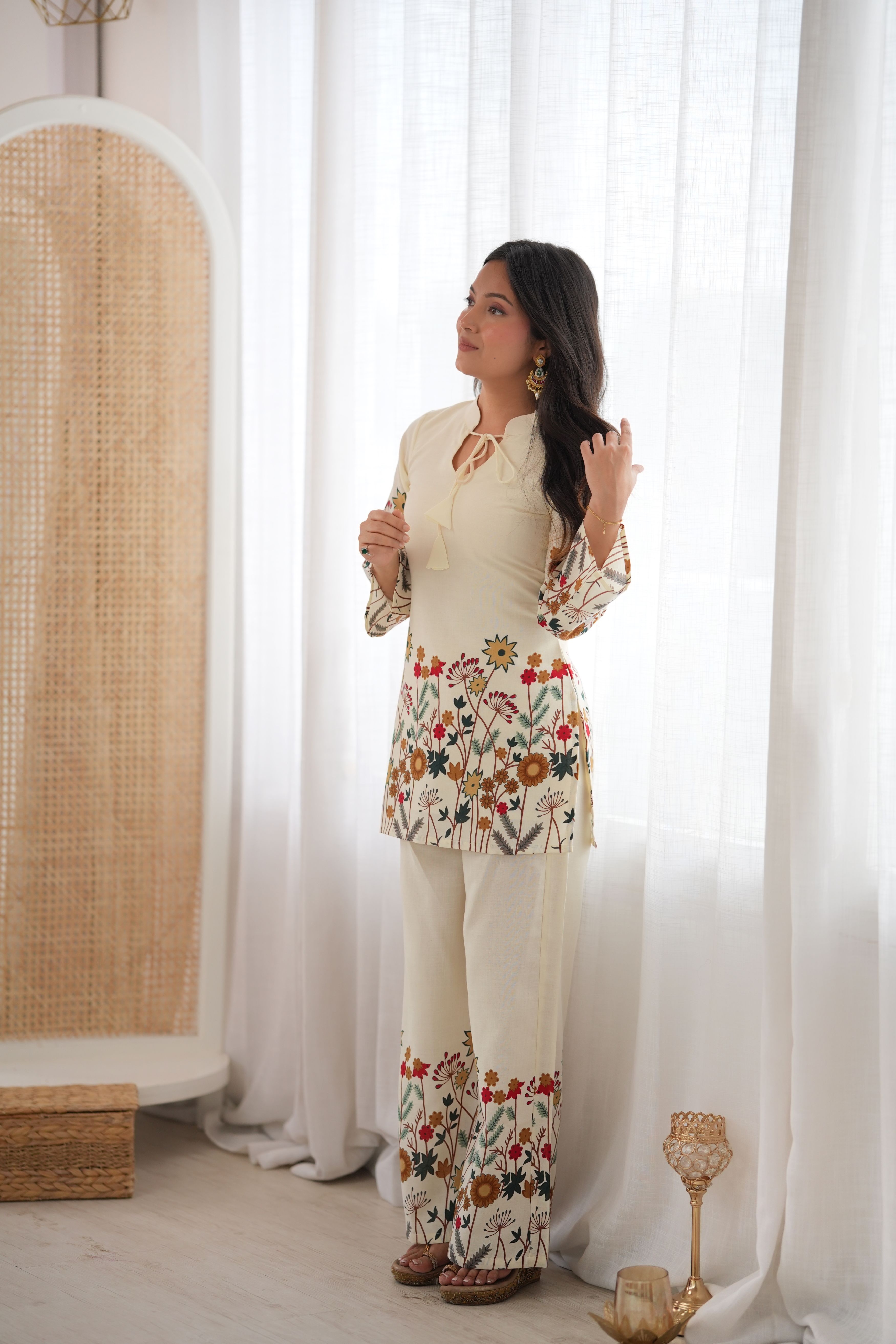 Cream Floral Printed Magic Slub Cotton Co-ord Set | Rakhi Special