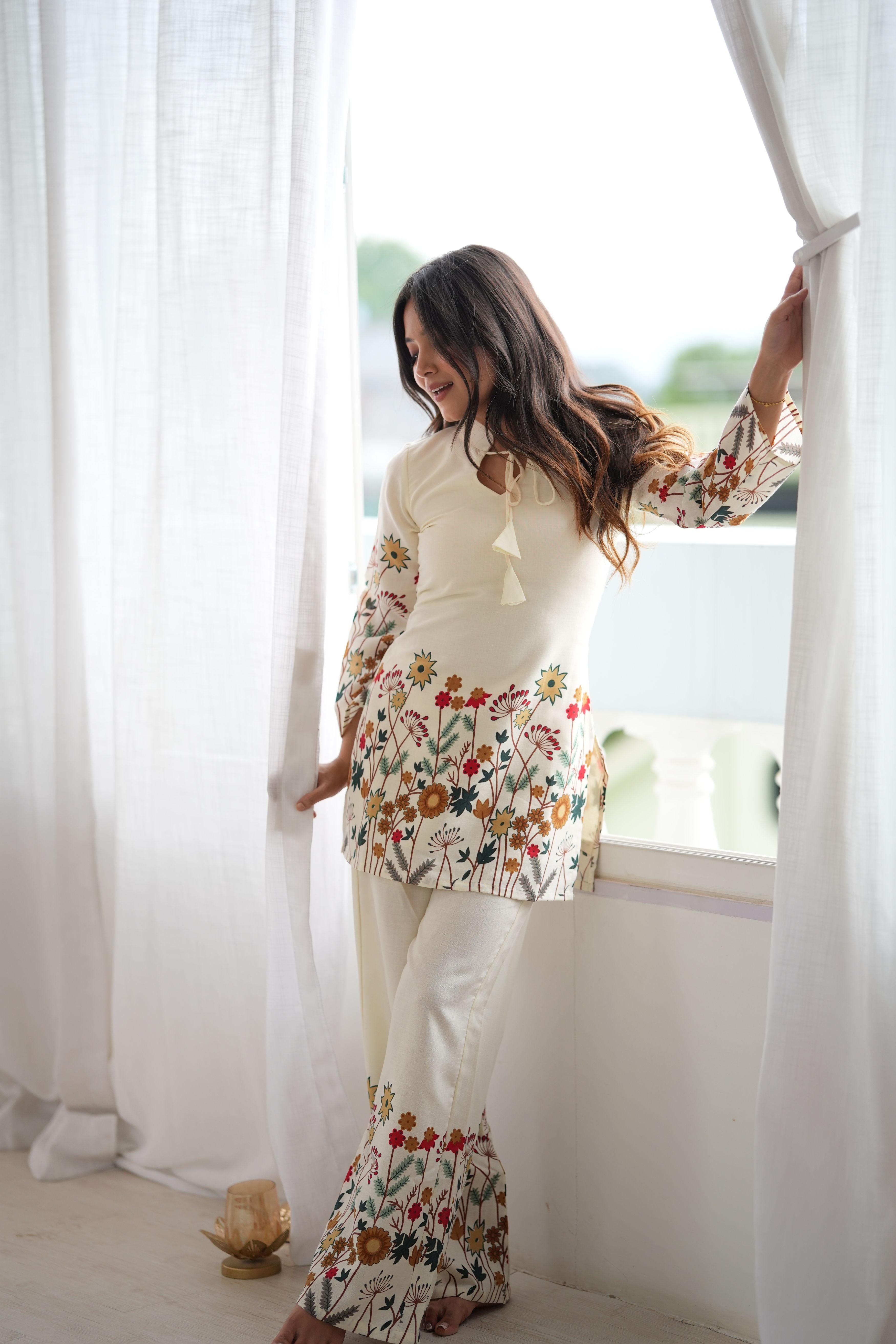 Cream Floral Printed Magic Slub Cotton Co-ord Set | Rakhi Special