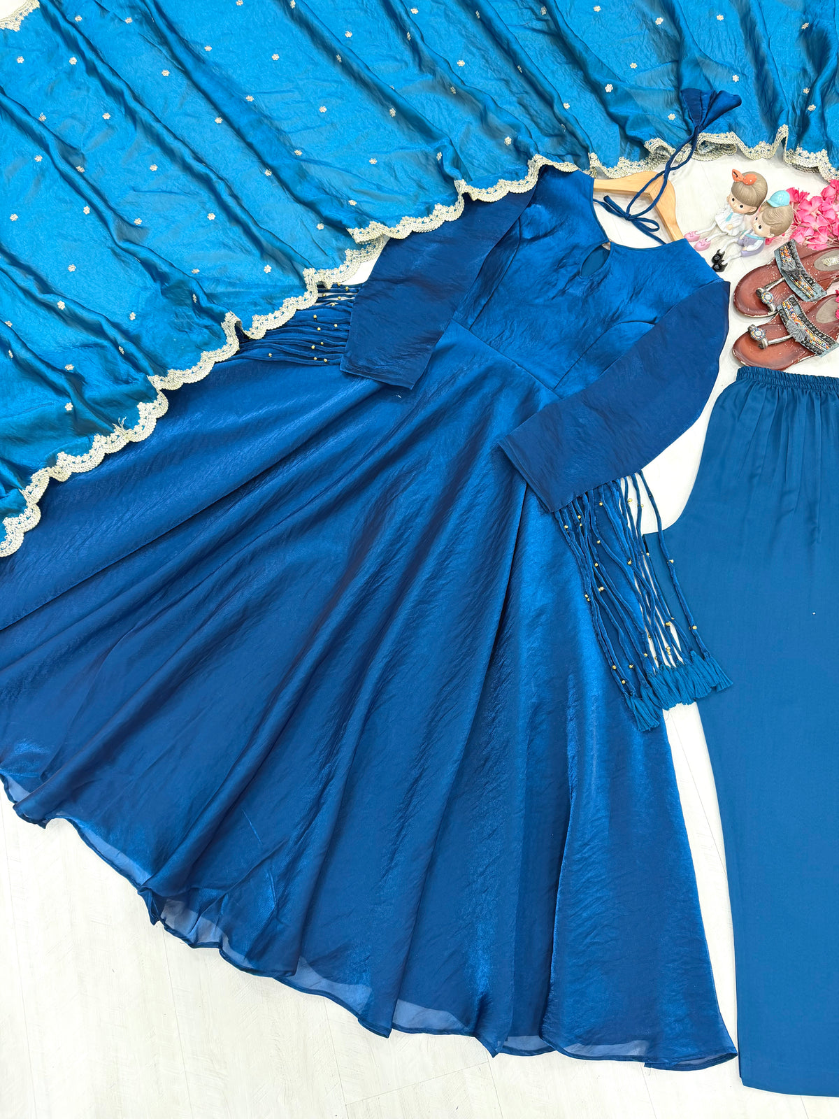 Royal Blue Fandy Crush Silk Anarkali Gown Set with Sequin Dupatta & Palazzo