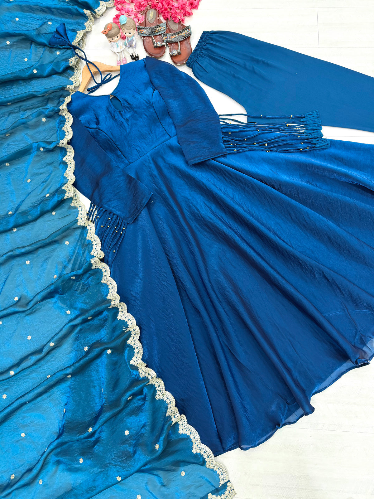 Royal Blue Fandy Crush Silk Anarkali Gown Set with Sequin Dupatta & Palazzo