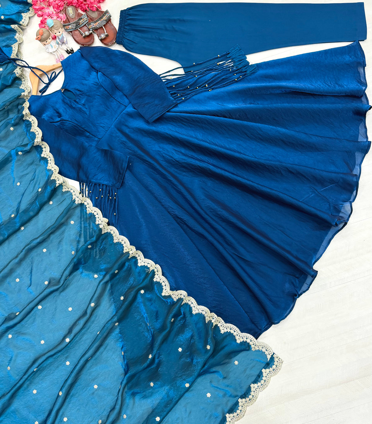 Royal Blue Fandy Crush Silk Anarkali Gown Set with Sequin Dupatta & Palazzo