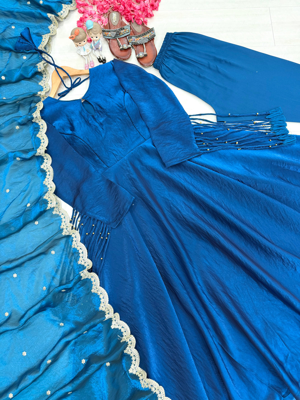 Royal Blue Fandy Crush Silk Anarkali Gown Set with Sequin Dupatta & Palazzo