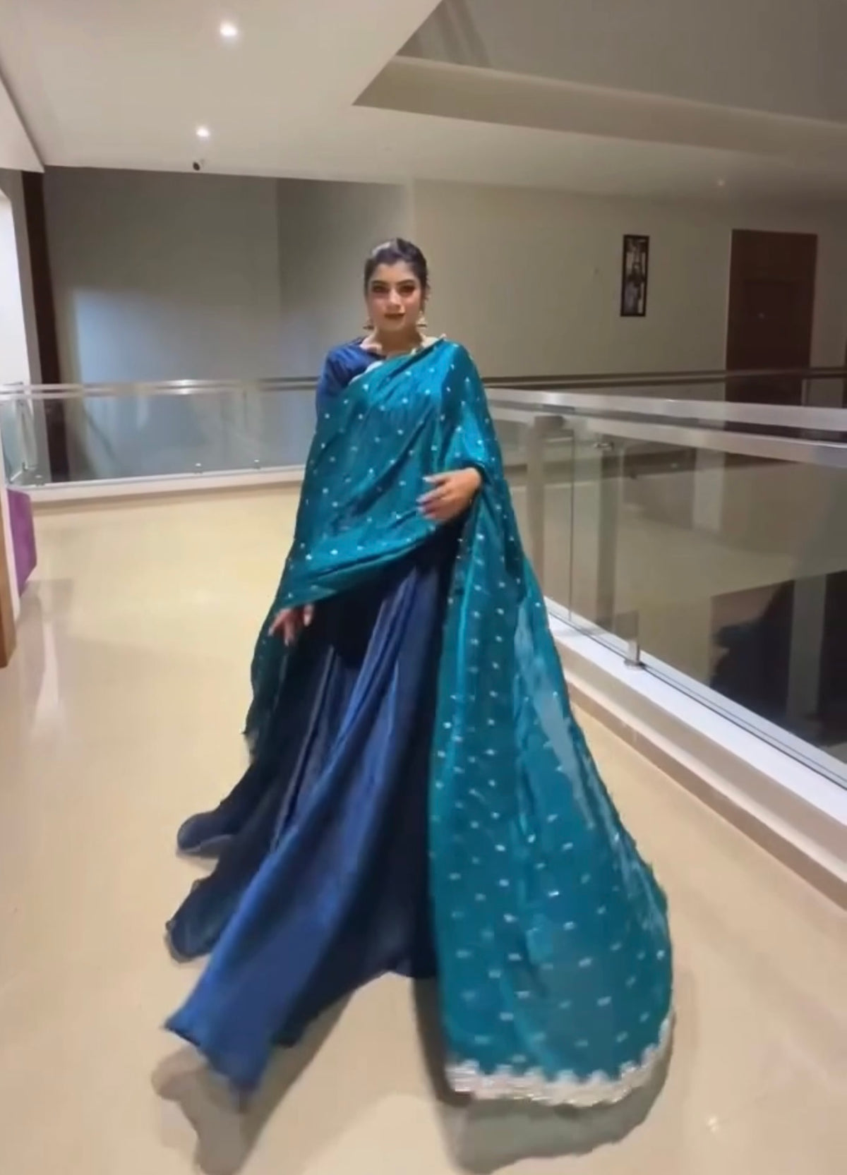 Royal Blue Fandy Crush Silk Anarkali Gown Set with Sequin Dupatta & Palazzo