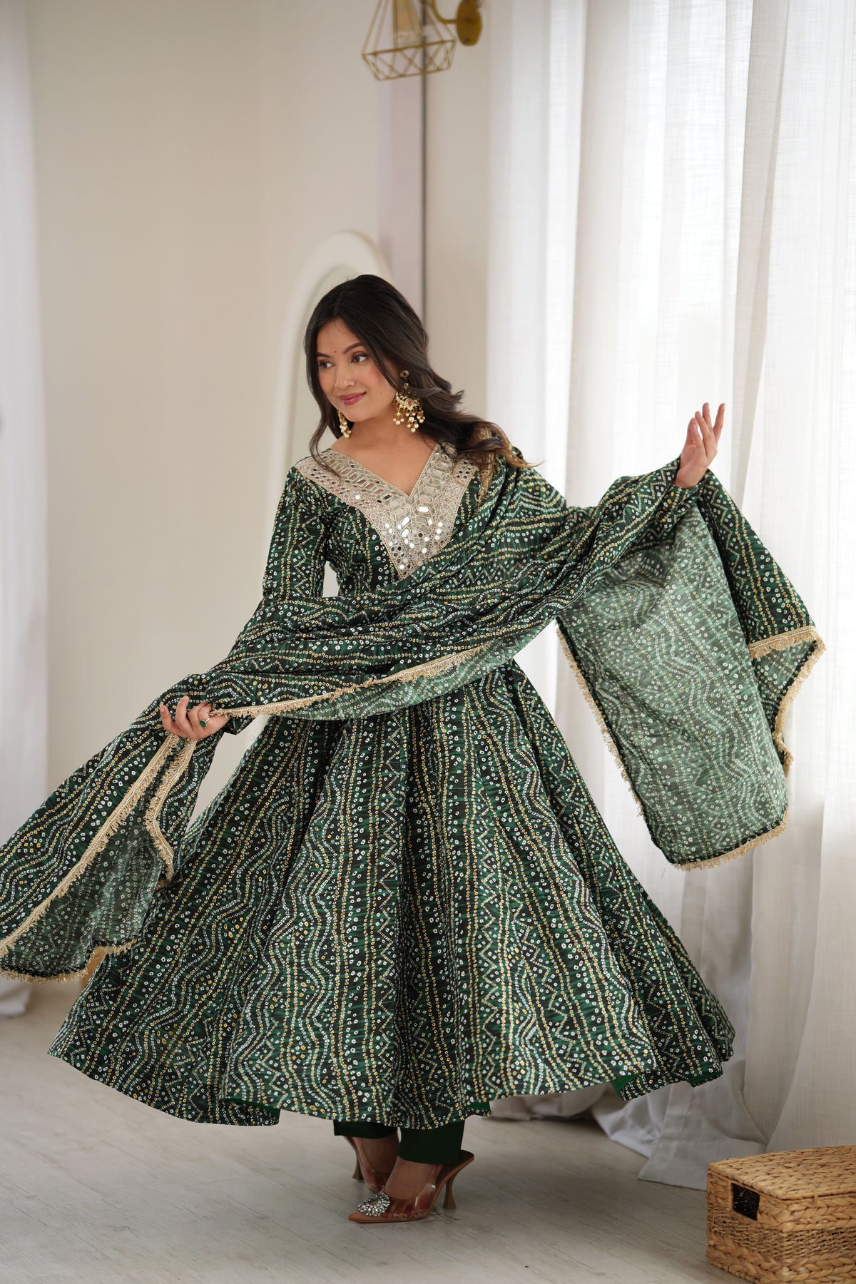 Bottle Green Rayon Mirror Embroidered Anarkali Gown Set with Dupatta