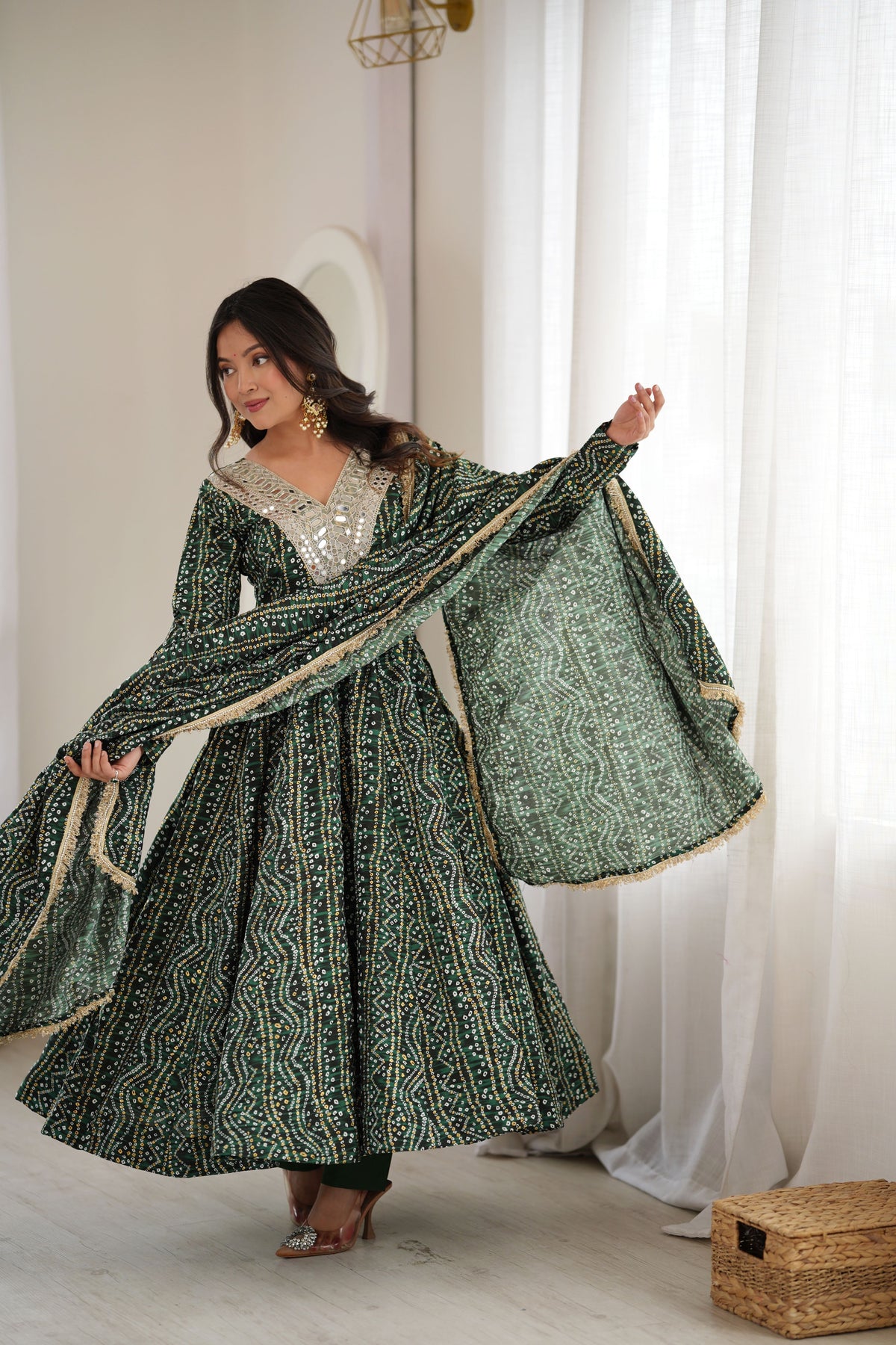 Bottle Green Rayon Mirror Embroidered Anarkali Gown Set with Dupatta