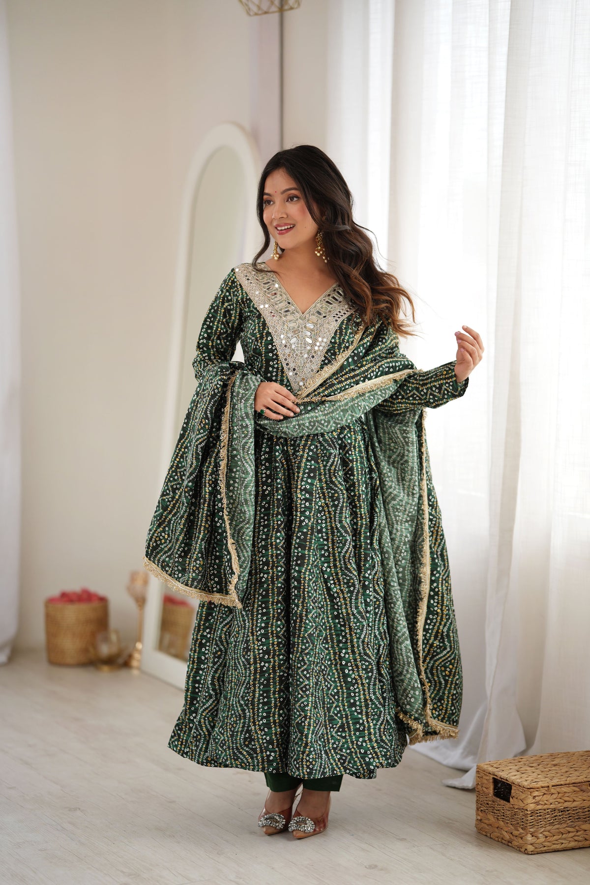 Bottle Green Rayon Mirror Embroidered Anarkali Gown Set with Dupatta