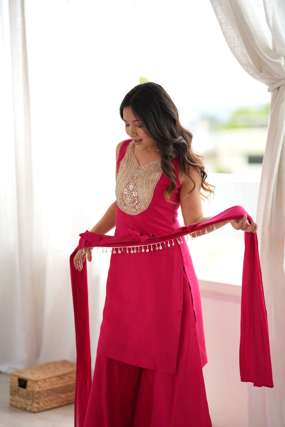 Wine Magenta Roman Silk Mirror Work Kurta Palazzo Set with Bow Dupatta