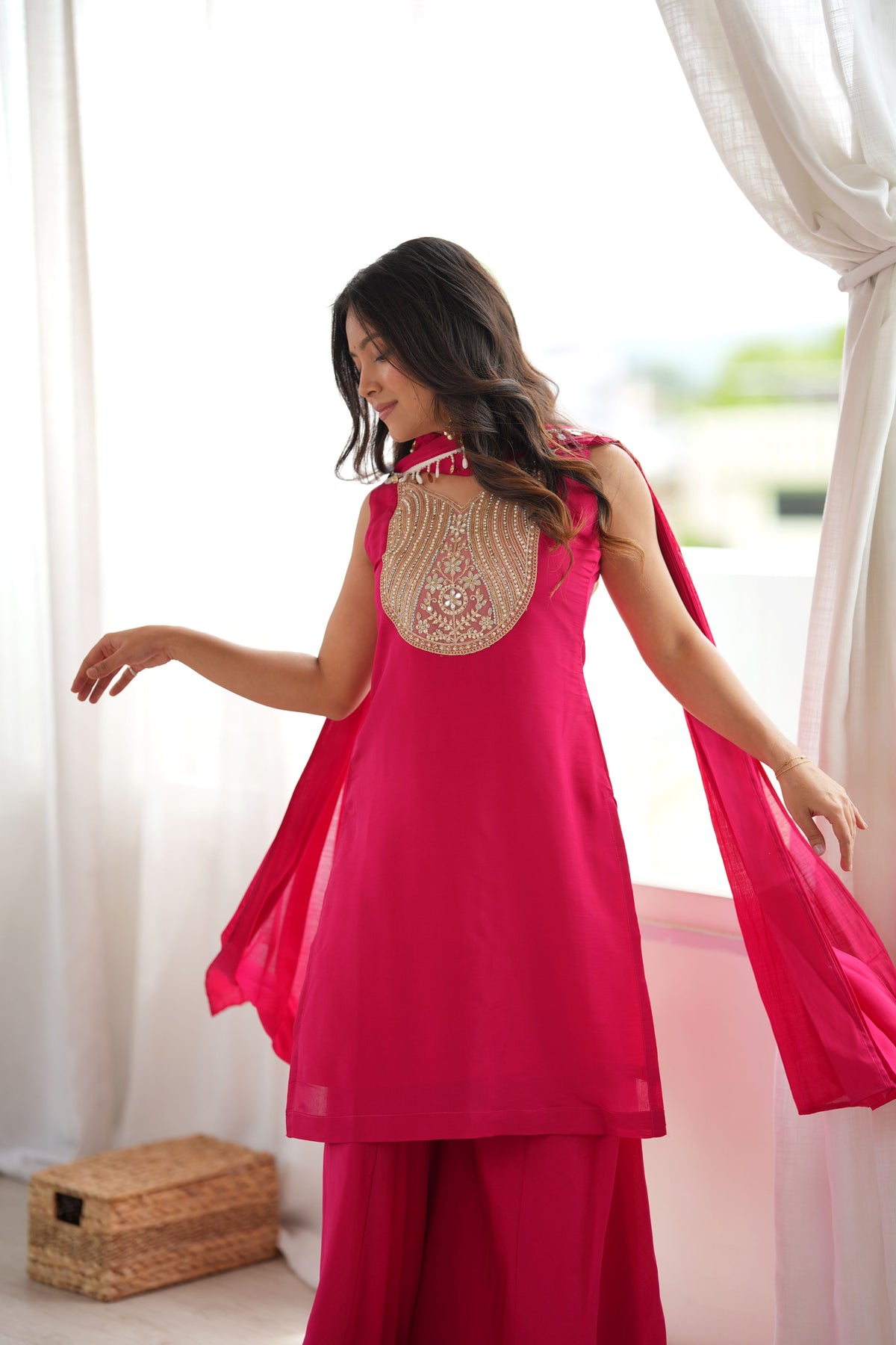 Wine Magenta Roman Silk Mirror Work Kurta Palazzo Set with Bow Dupatta