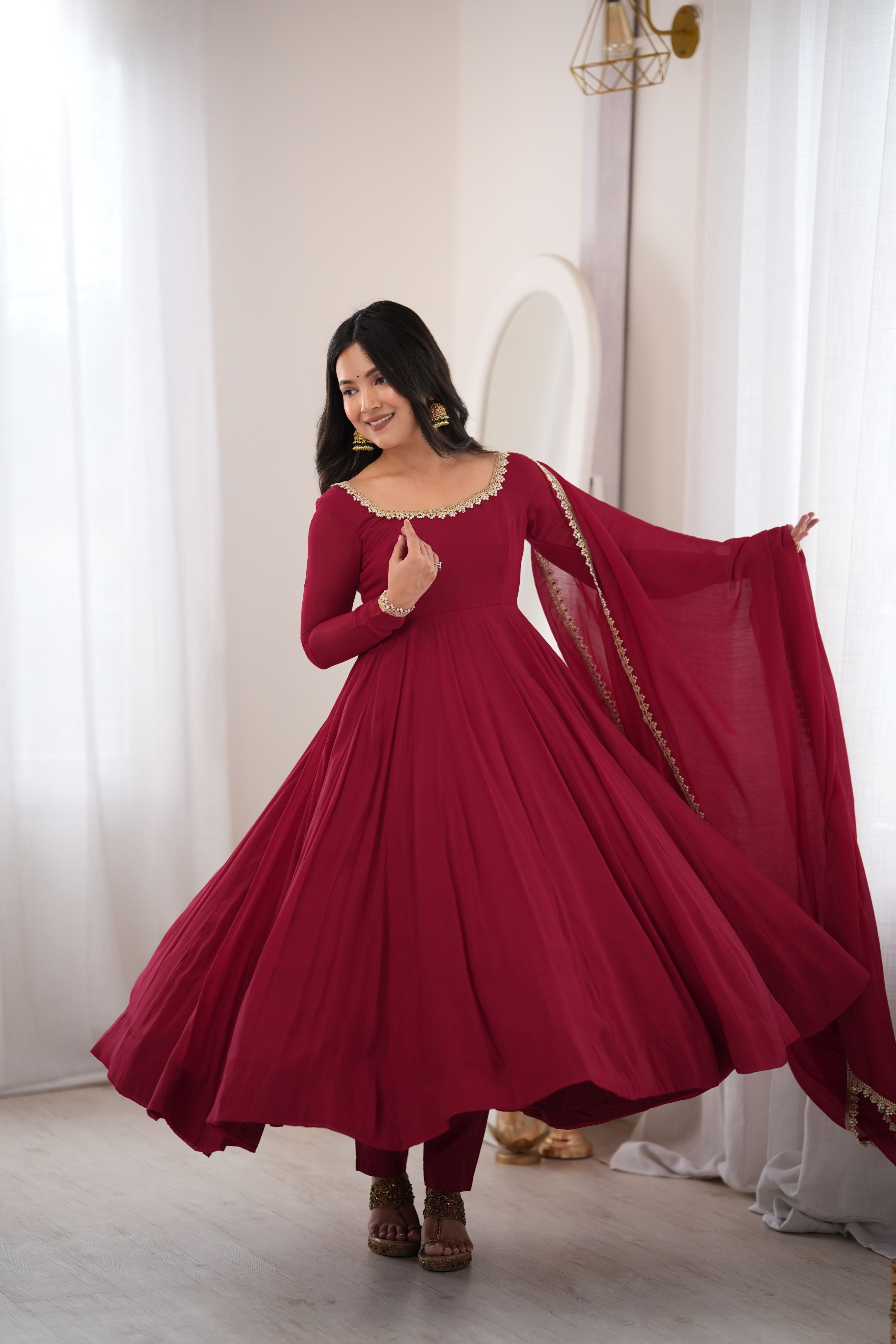Burgundy Mal Chanderi Anarkali Gown Set with Mirror Work Dupatta