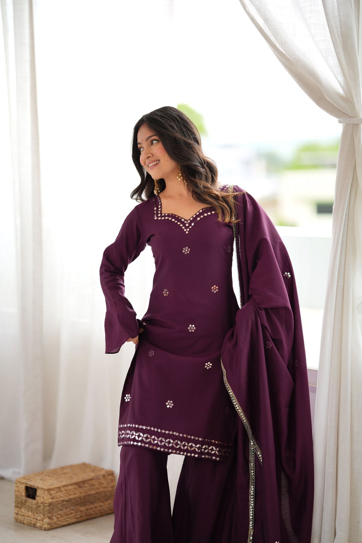 Wine Purple Roman Silk Foil Work Kurta Palazzo Set with Dupatta