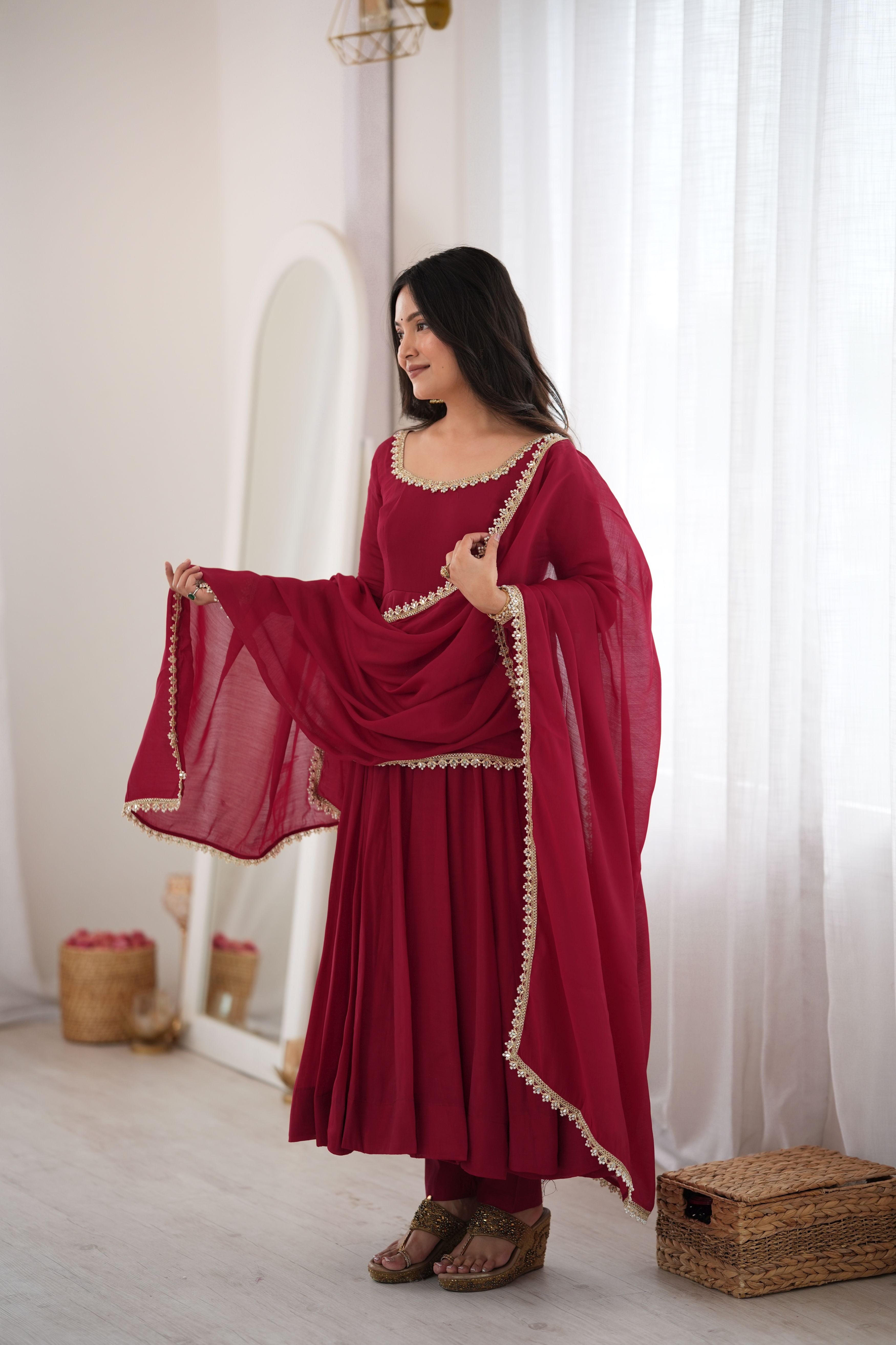 Burgundy Mal Chanderi Anarkali Gown Set with Mirror Work Dupatta