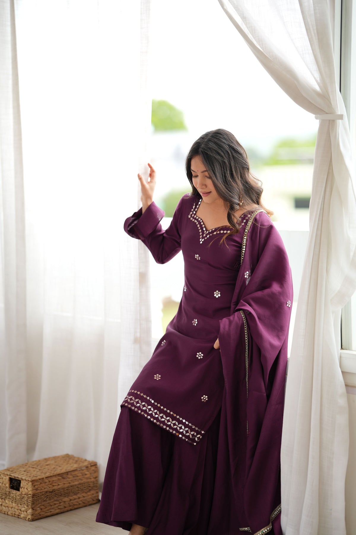 Wine Purple Roman Silk Foil Work Kurta Palazzo Set with Dupatta