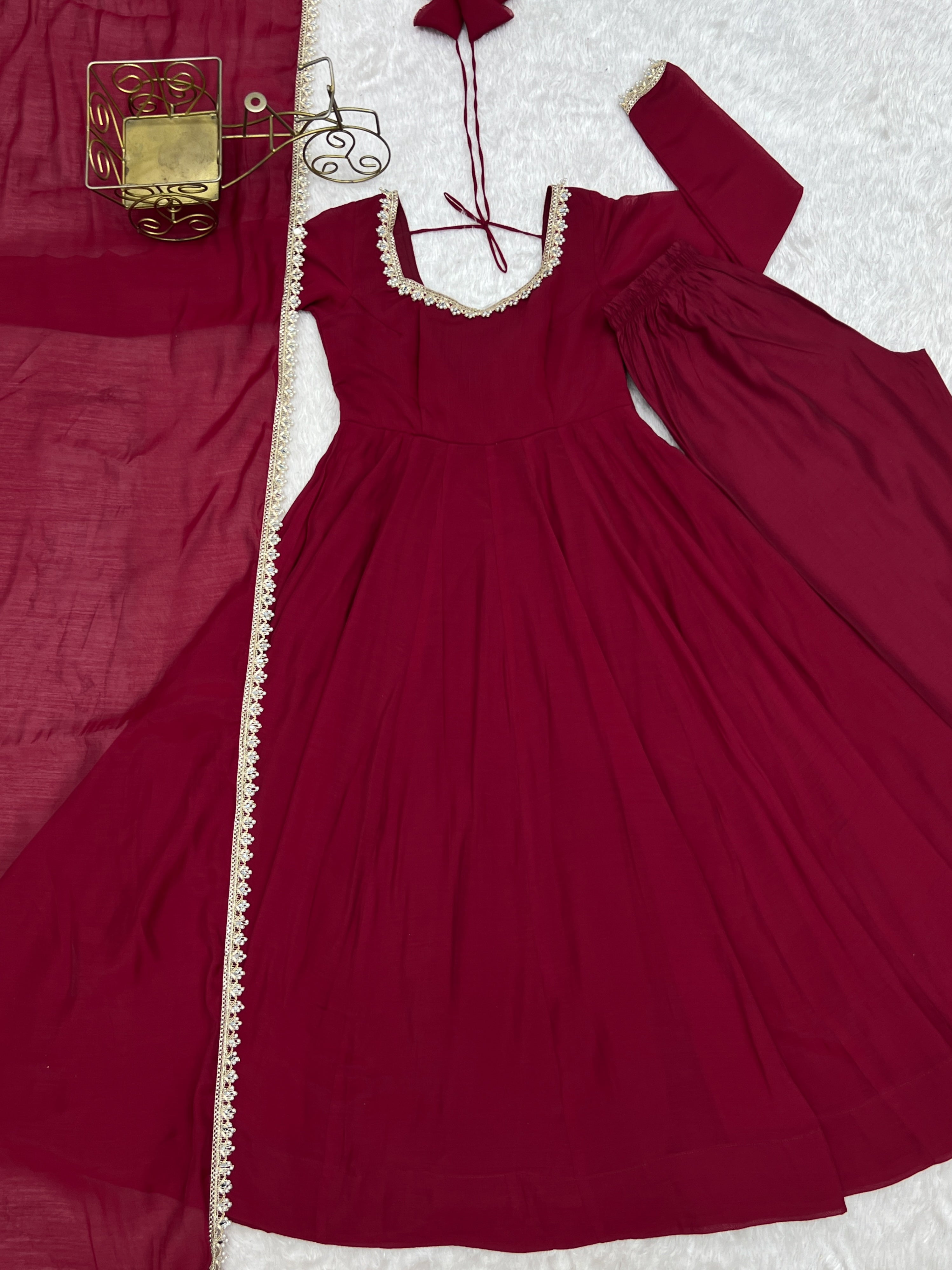 Burgundy Mal Chanderi Anarkali Gown Set with Mirror Work Dupatta