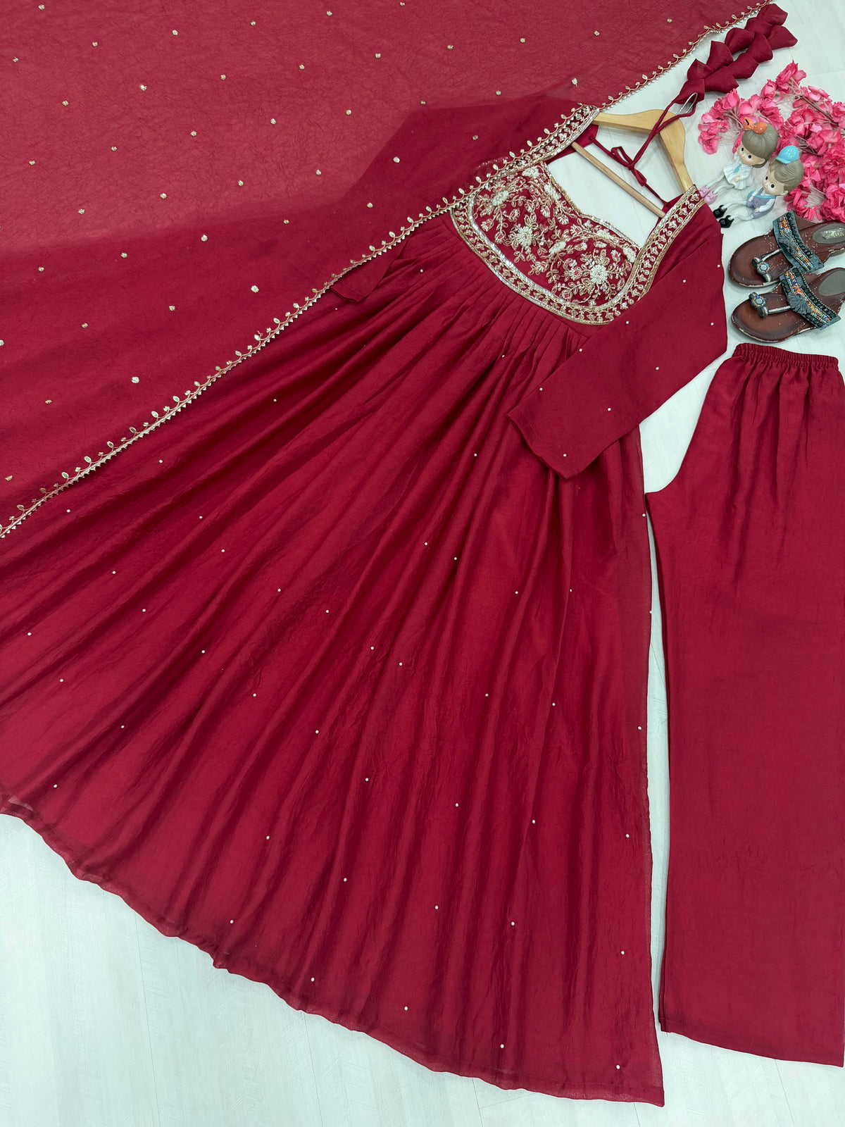 Rani Pink Rangoli Crush Embroidered Anarkali Gown Set with Dupatta & Palazzo