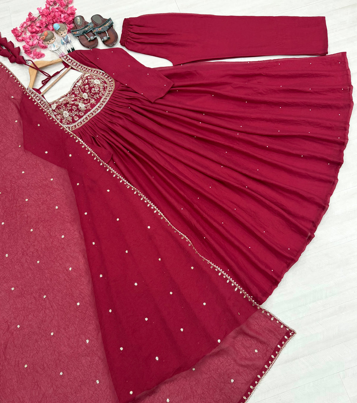 Rani Pink Rangoli Crush Embroidered Anarkali Gown Set with Dupatta & Palazzo
