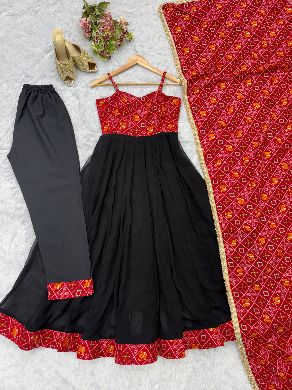 Red & Black Bandhani Anarkali Gown Set with Printed Dupatta