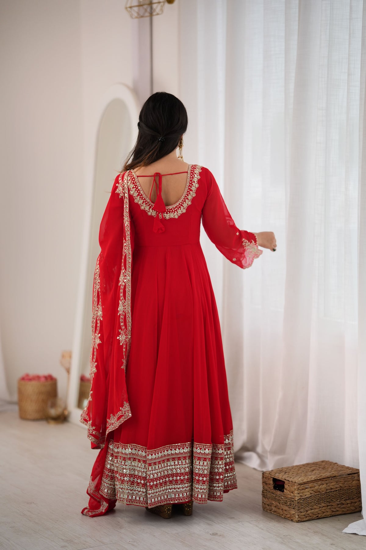 Red Heavy Georgette Paper Mirror Work Anarkali Gown Set with Dupatta