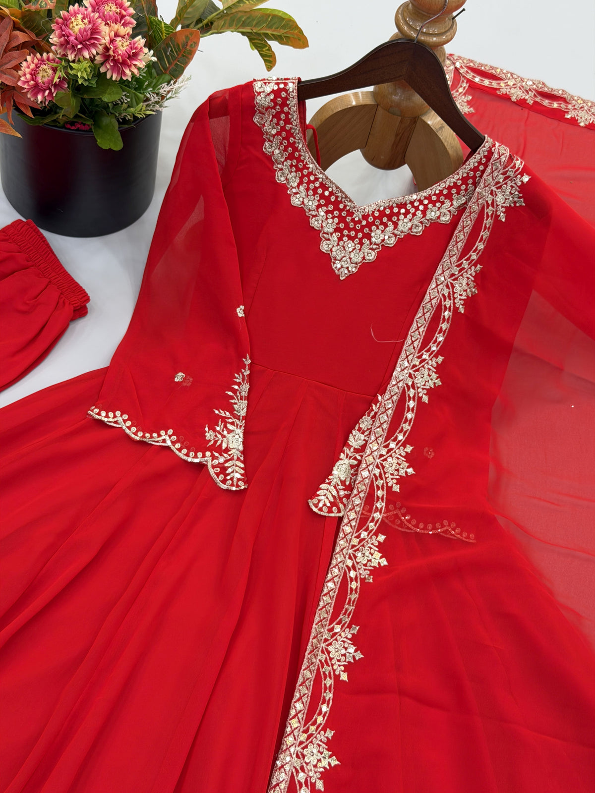 Red Heavy Georgette Paper Mirror Work Anarkali Gown Set with Dupatta