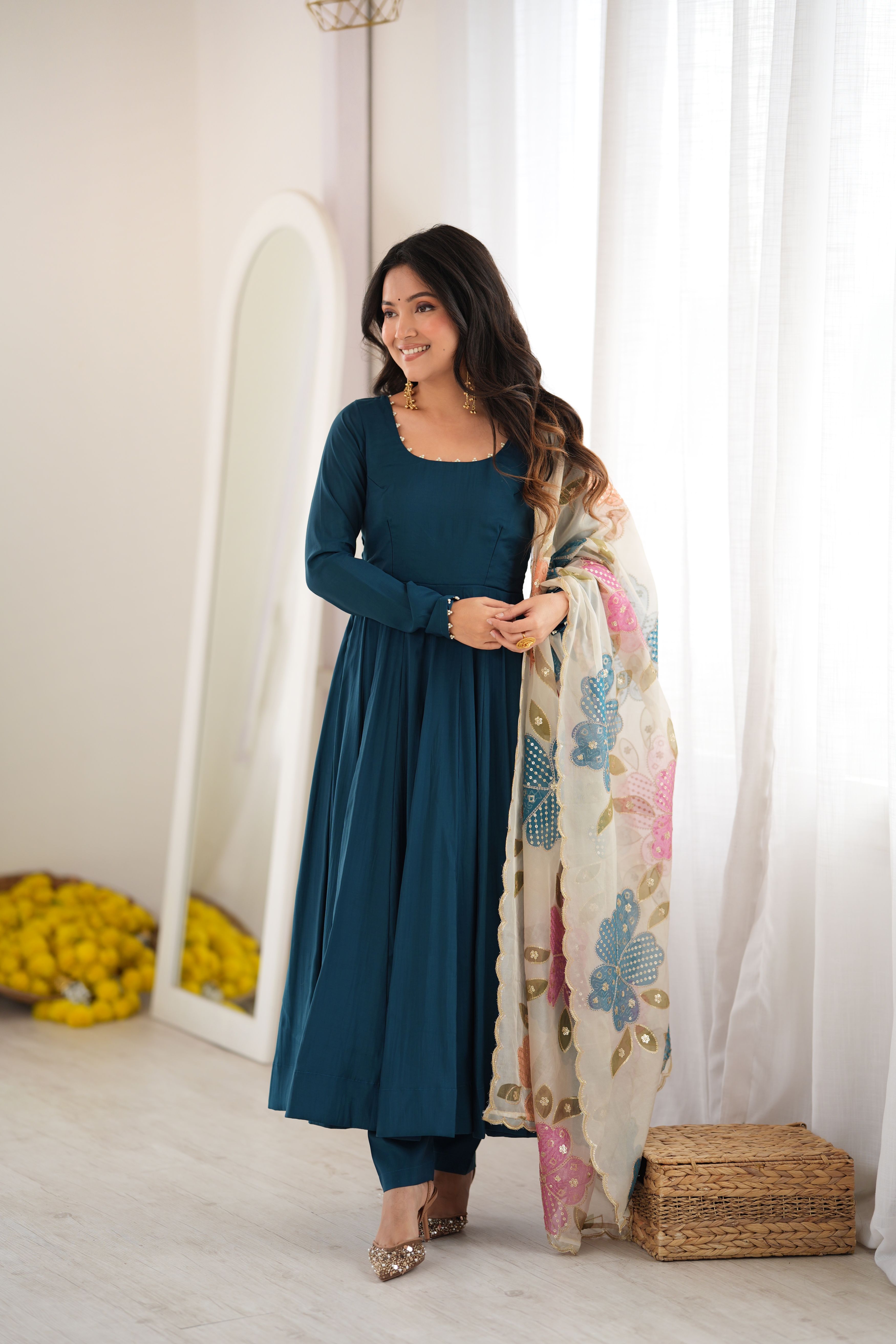 Teal Blue Pure Roman Silk 16 Kali Anarkali Gown with Printed Dupatta & Pant