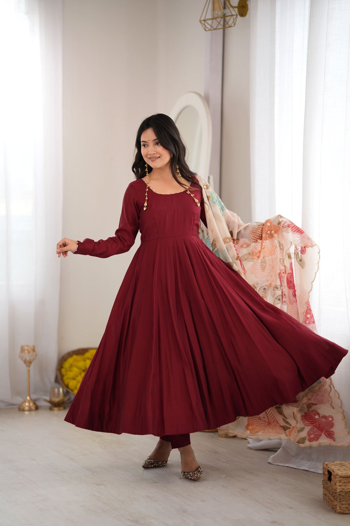 Burgundy Heavy Roman Silk 16 Kali Anarkali Gown with Printed Dupatta