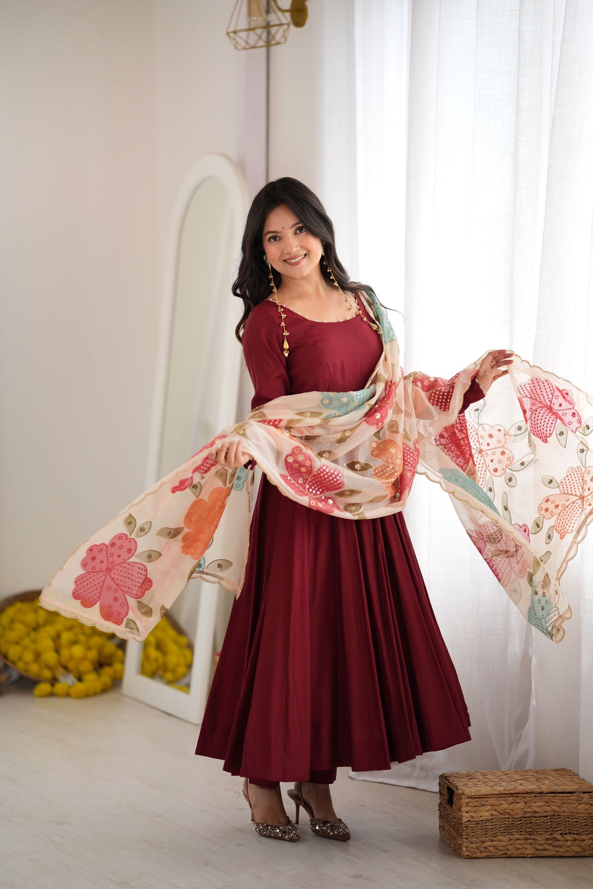 Burgundy Heavy Roman Silk 16 Kali Anarkali Gown with Printed Dupatta