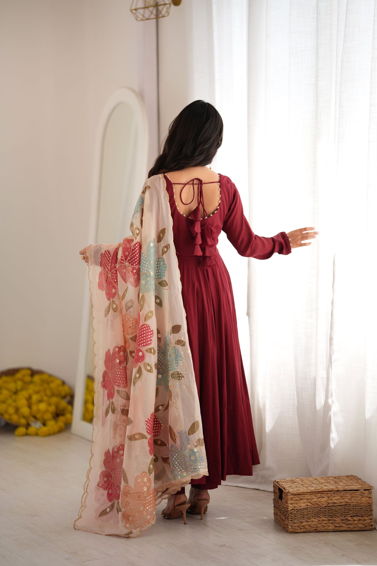 Burgundy Heavy Roman Silk 16 Kali Anarkali Gown with Printed Dupatta