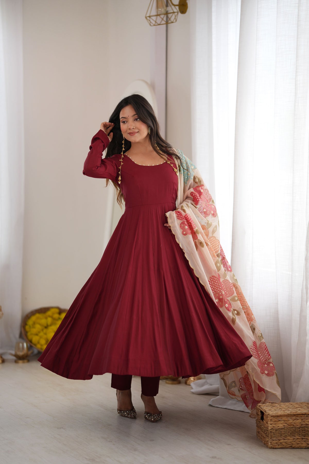 Burgundy Heavy Roman Silk 16 Kali Anarkali Gown with Printed Dupatta