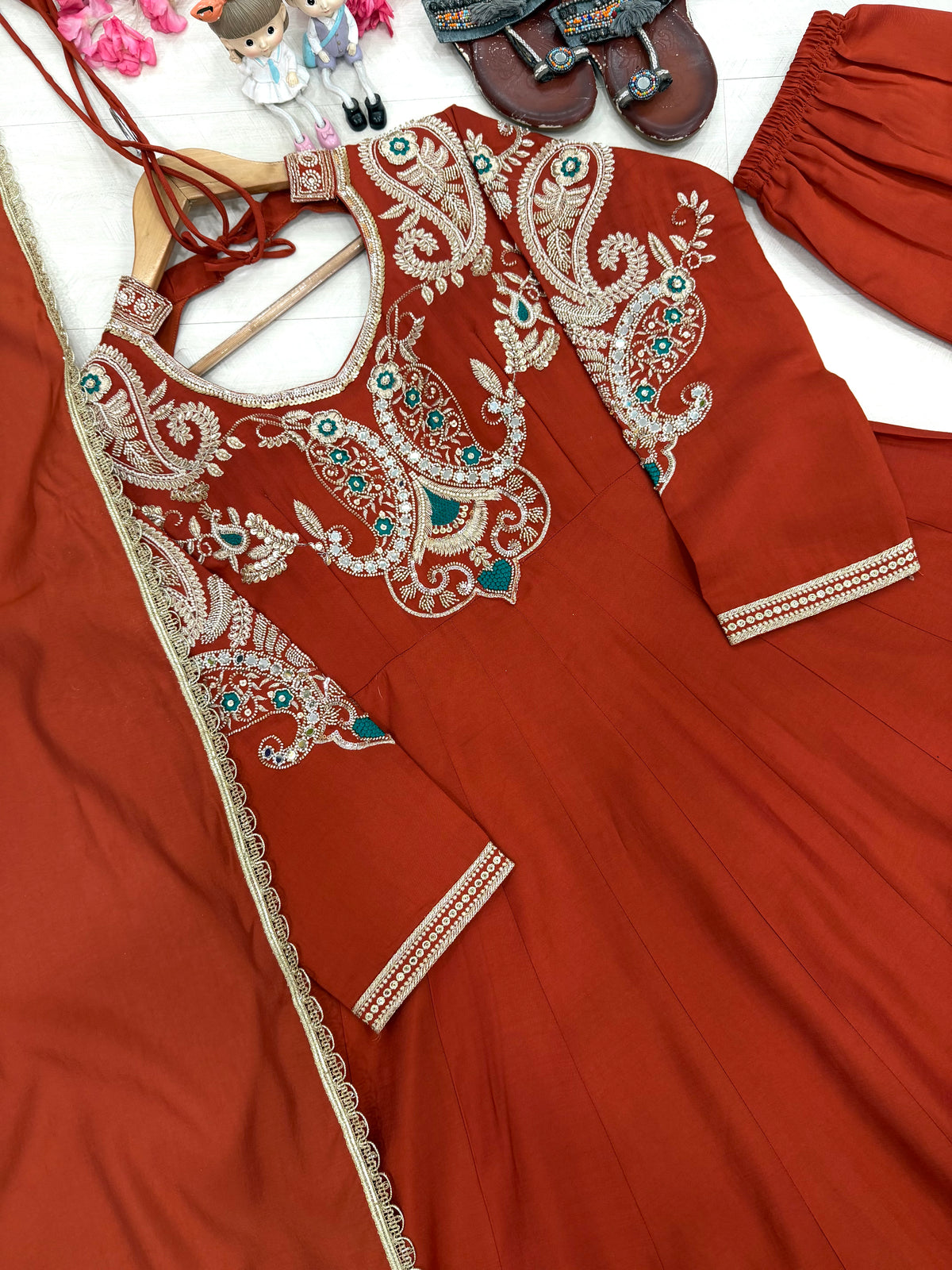 Rust Orange Roman Silk Embroidered Anarkali Gown Set with Dupatta & Palazzo