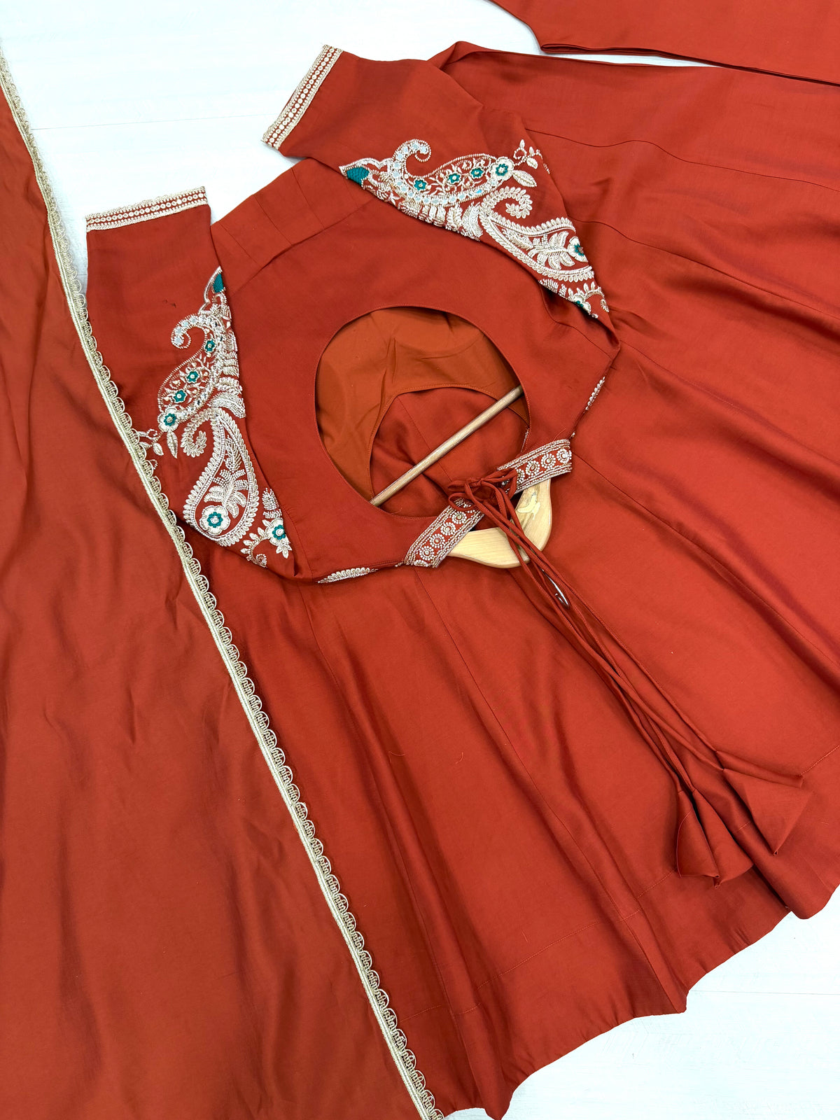 Rust Orange Roman Silk Embroidered Anarkali Gown Set with Dupatta & Palazzo
