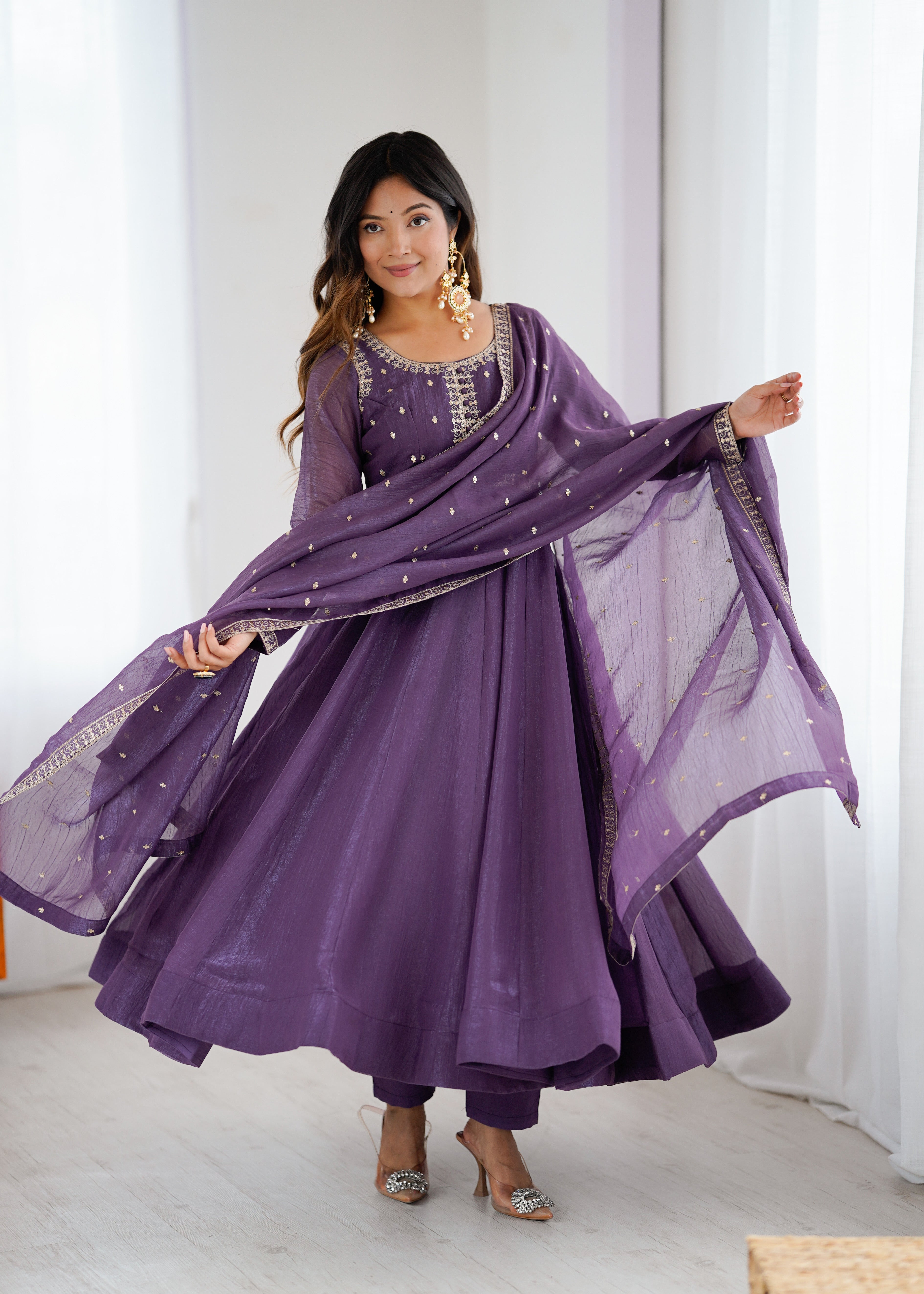 Pure Crunchy Silk Full Flare Anarkali Gown Set | Ready to Wear - Nardev Fashion