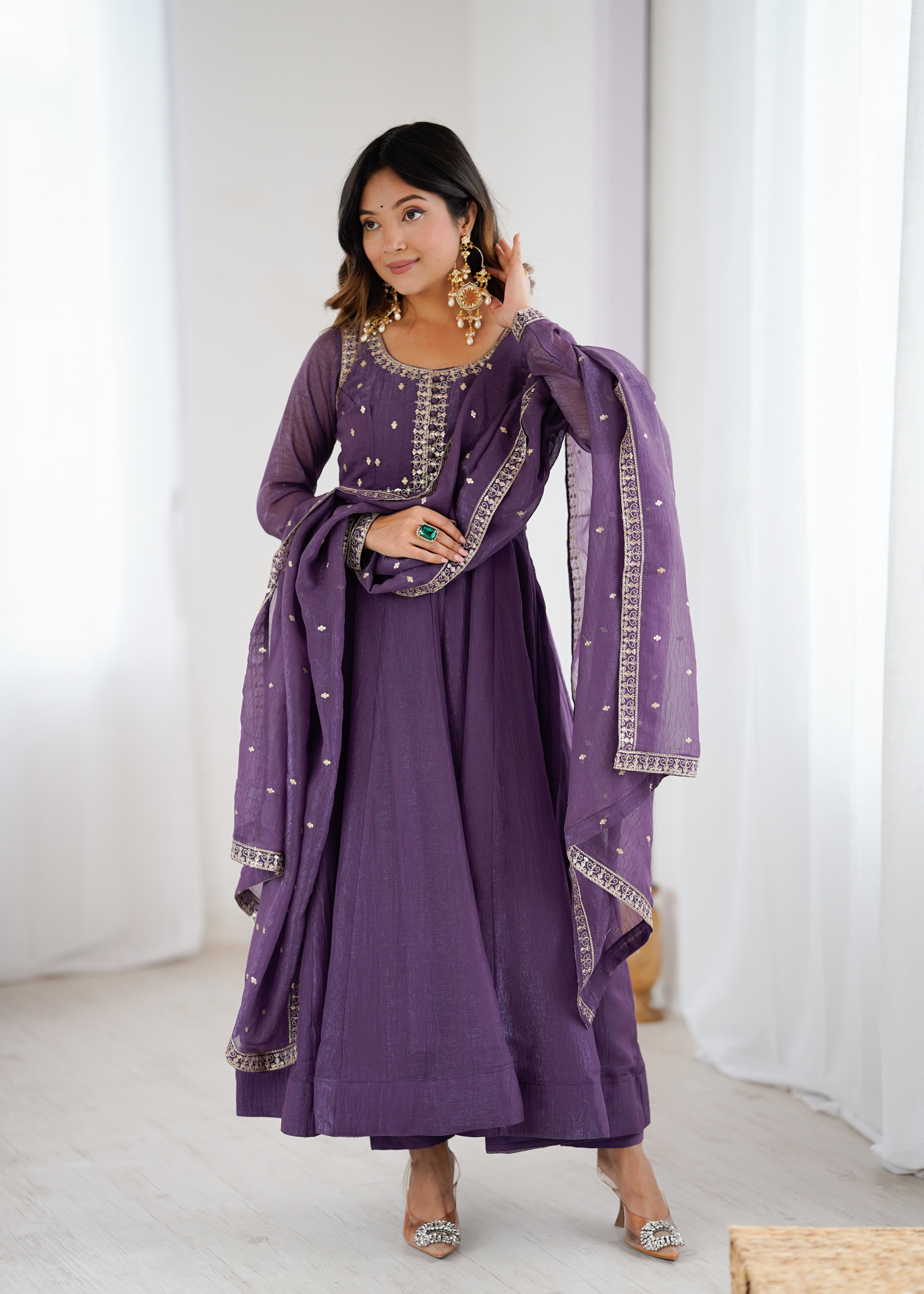 Pure Crunchy Silk Full Flare Anarkali Gown Set | Ready to Wear - Nardev Fashion