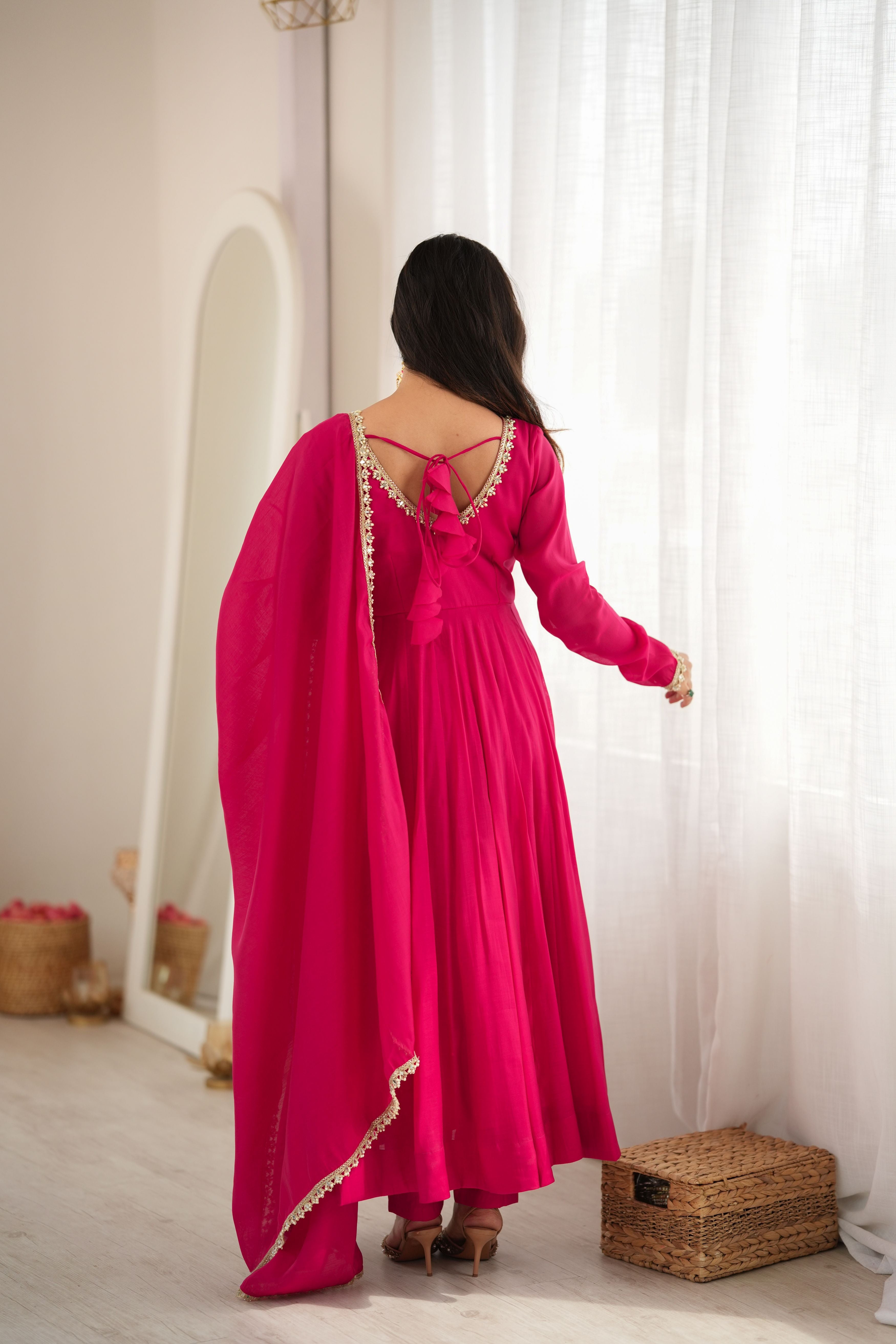 Fuchsia Pink Pure Mal Chanderi Flared Anarkali Suit Set