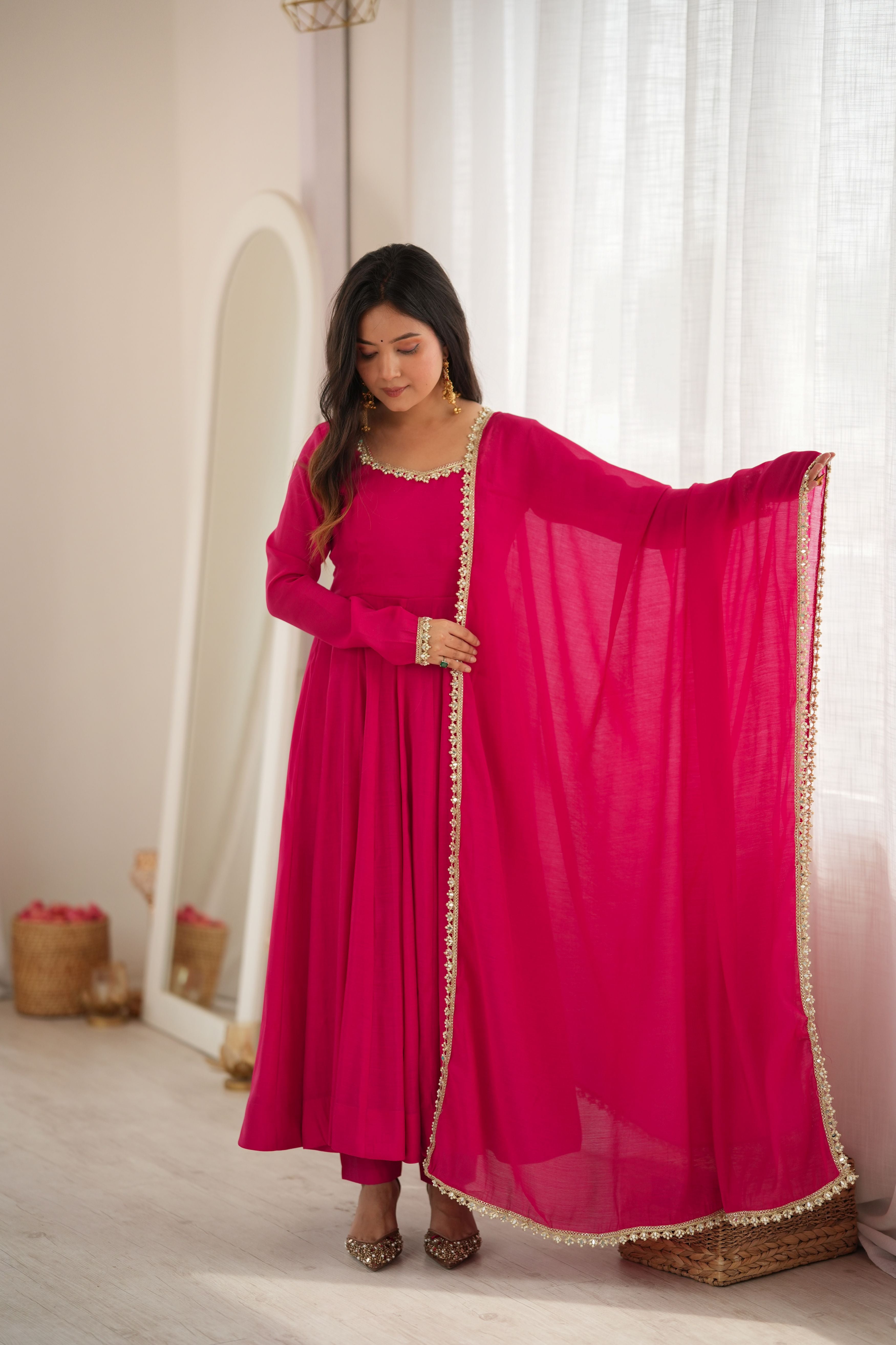 Fuchsia Pink Pure Mal Chanderi Flared Anarkali Suit Set
