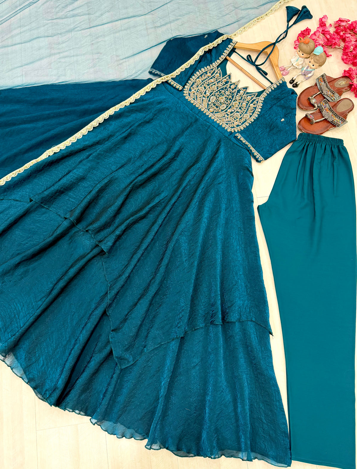 Teal Blue Fandy Crush Silk Embroidered Anarkali Gown Set with Net Dupatta