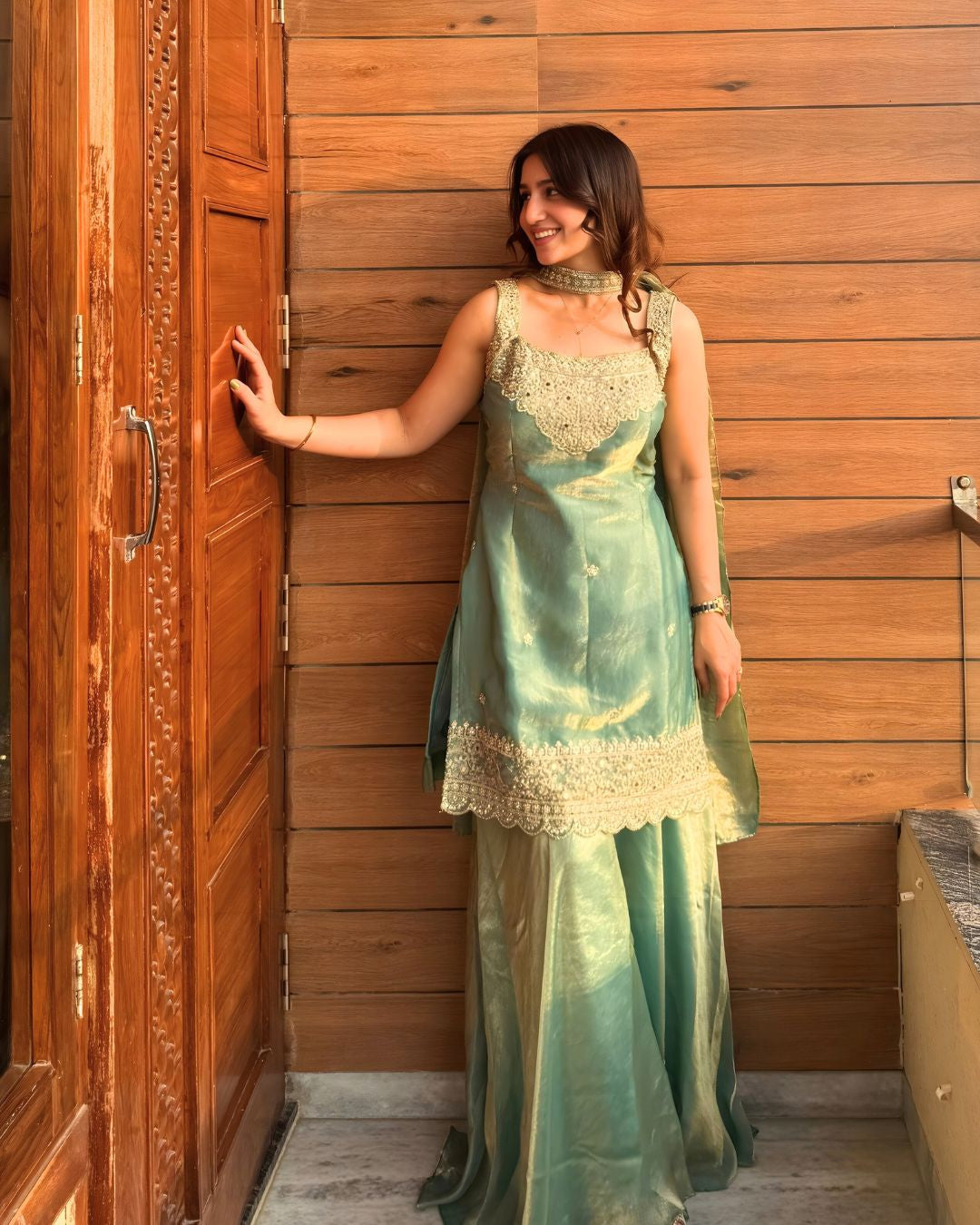 Olive Green Heavy Fandy Silk Sequin Embroidered Sharara Palazzo Set
