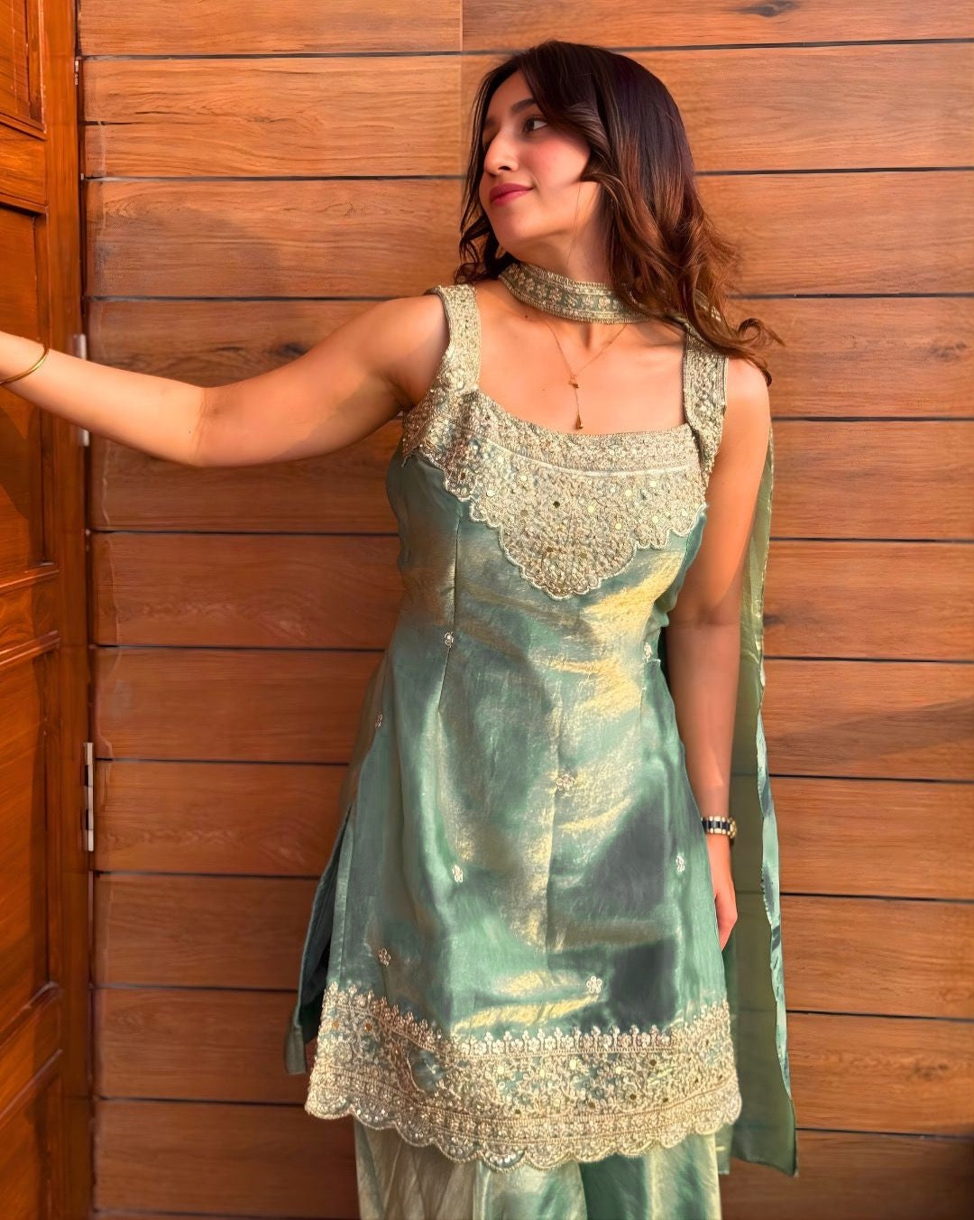 Olive Green Heavy Fandy Silk Sequin Embroidered Sharara Palazzo Set