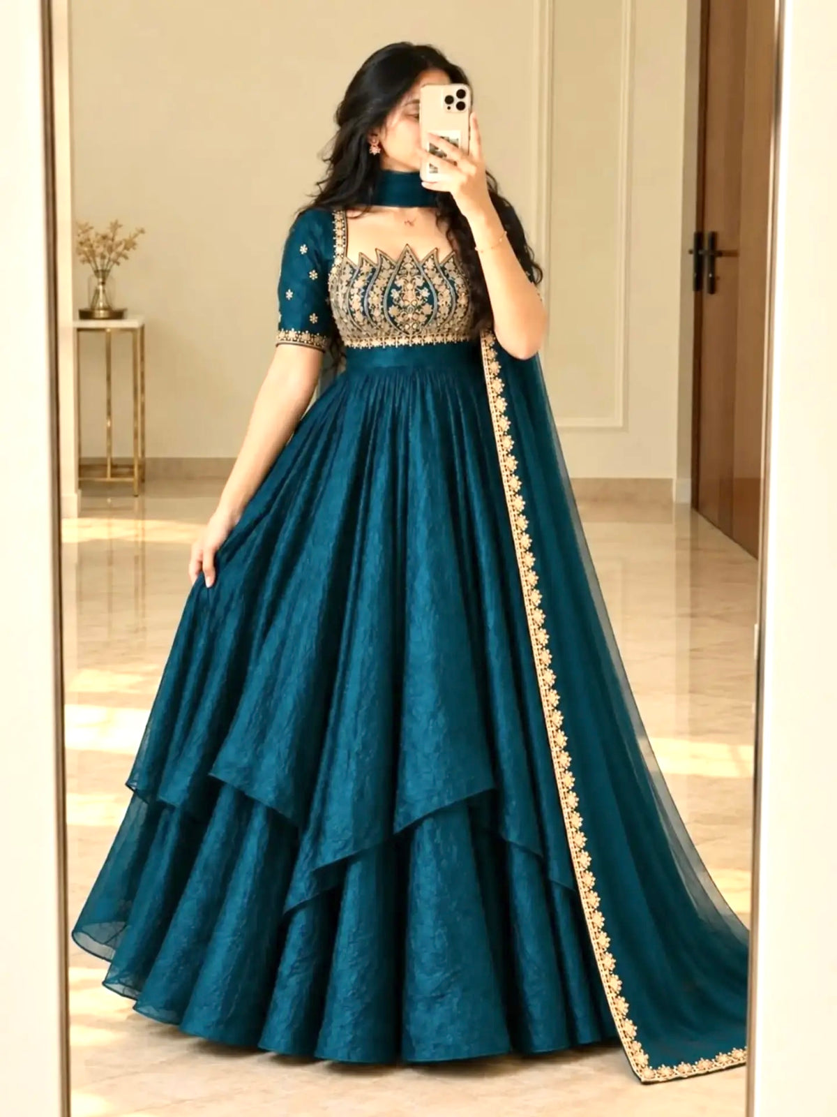 Teal Blue Fandy Crush Silk Embroidered Anarkali Gown Set with Net Dupatta
