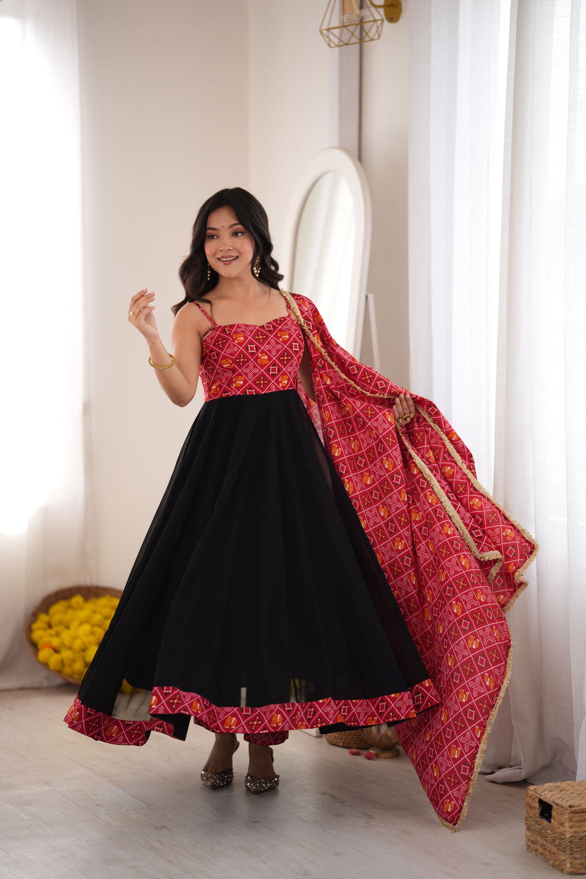 Red & Black Bandhani Anarkali Gown Set with Printed Dupatta